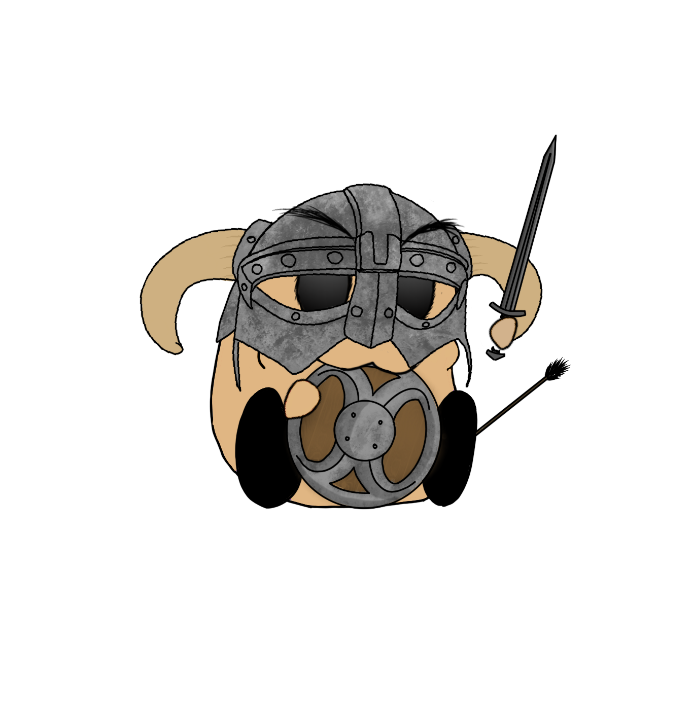 Cartoon Viking character wearing a metal helmet with horns, holding a shield with a circular design, and wielding a sword.