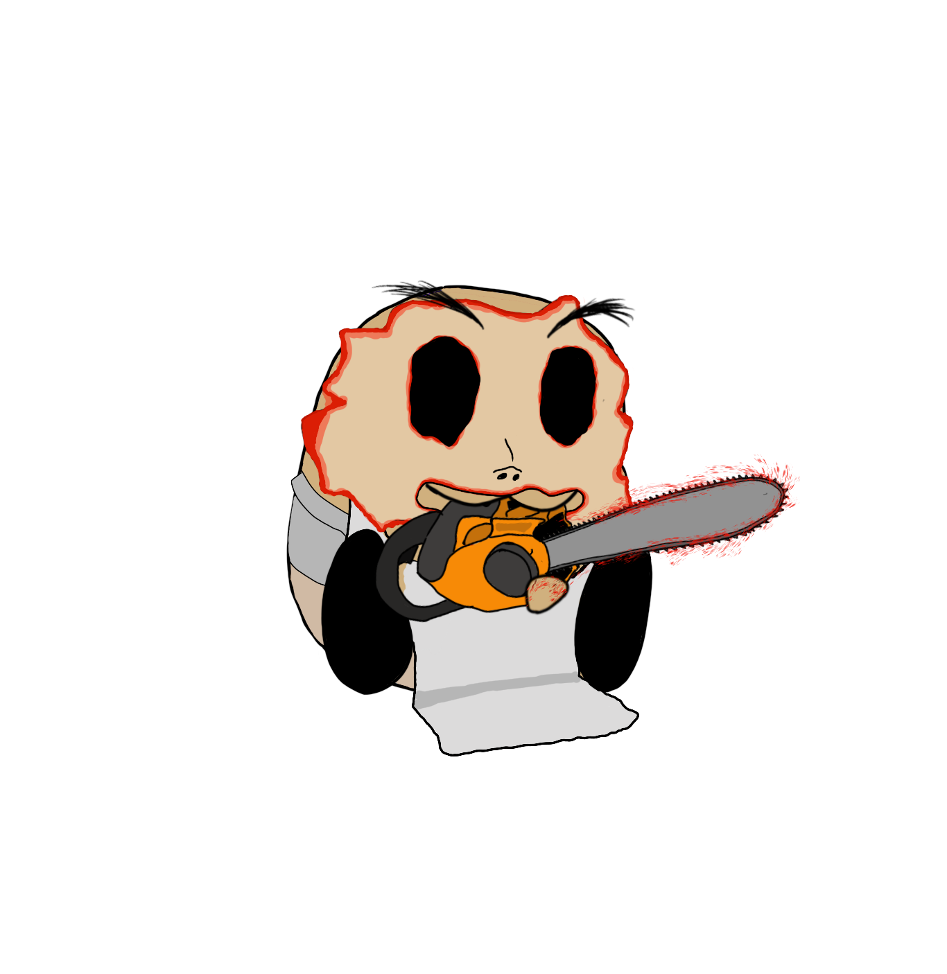 A cartoon character with a pie for a head, wearing a gray shirt, holding a chainsaw, and cutting into a red object.