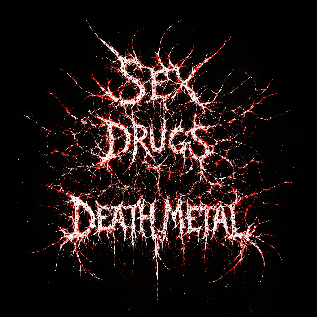 Graphic text saying 'SEX DRUGS DEATH METAL' in a web of white and red lightning on a black background.