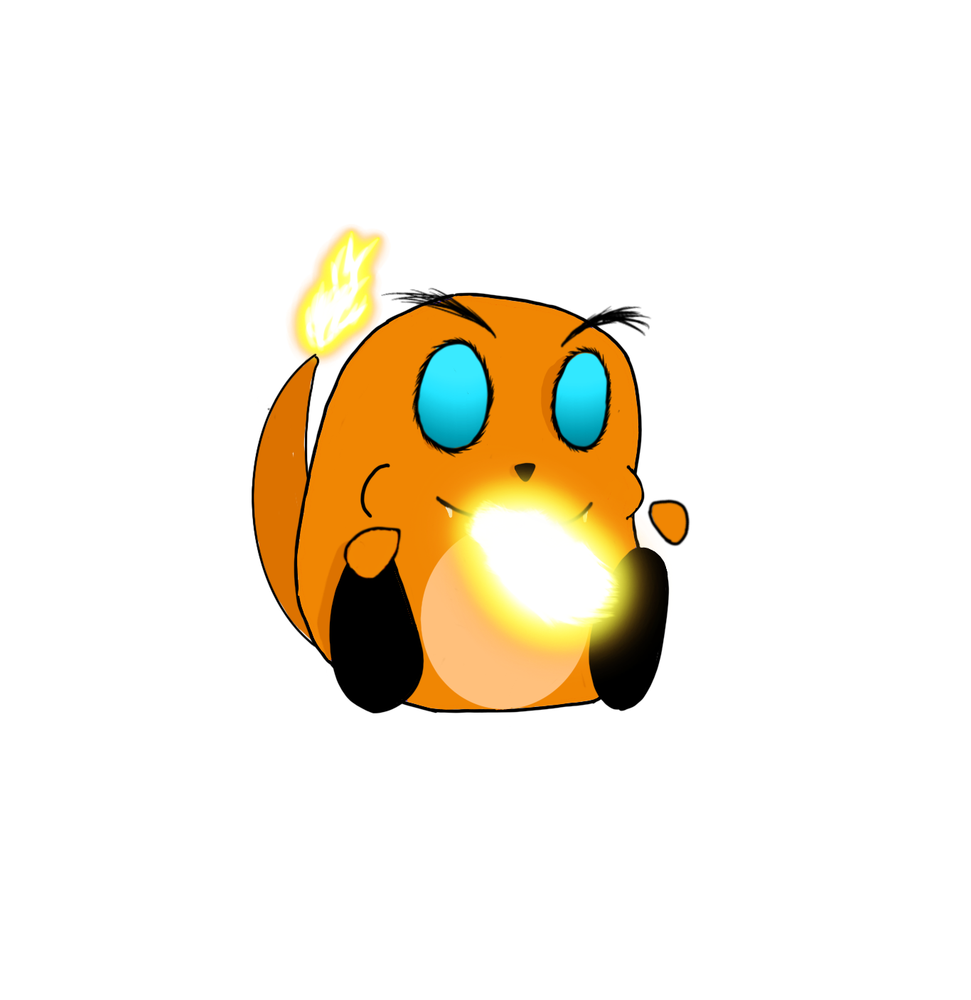 Cartoon character with orange fur and blue eyes, holding a glowing light in front of its face, with a fiery tail and a red headband.