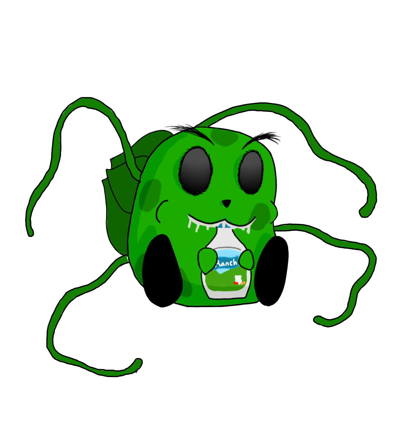 A cartoon-style creature with large black eyes and drool, holding a container labeled 'Ranch' with a small cartoon chicken on it. The creature has long green tentacle-like hair and a green body with darker green spots, set against a dark background.