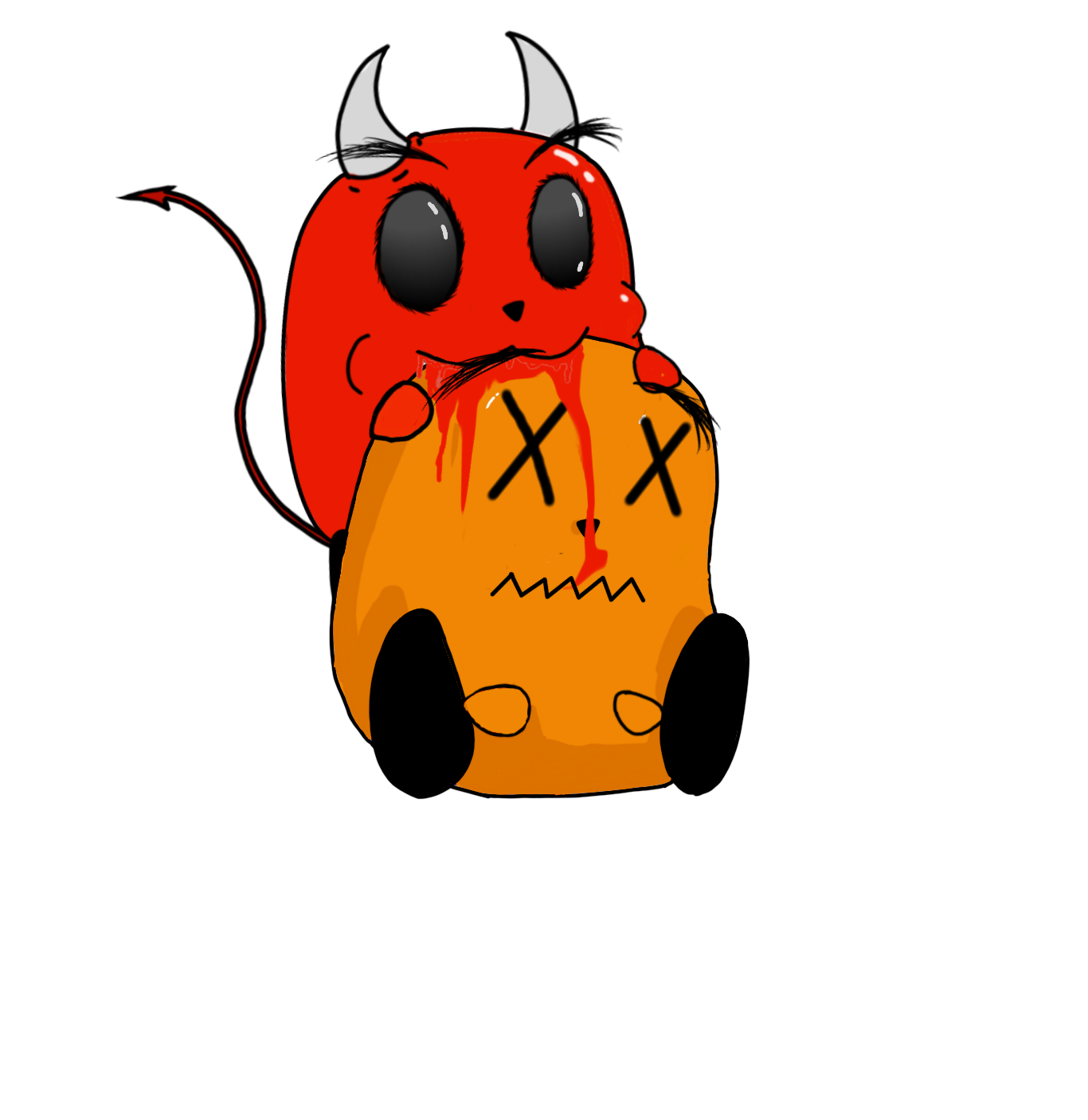 A cartoon red devil with black eyes and white horns biting a Halloween pumpkin's face, which has 'X' eyes and a zigzag mouth, against a black background.