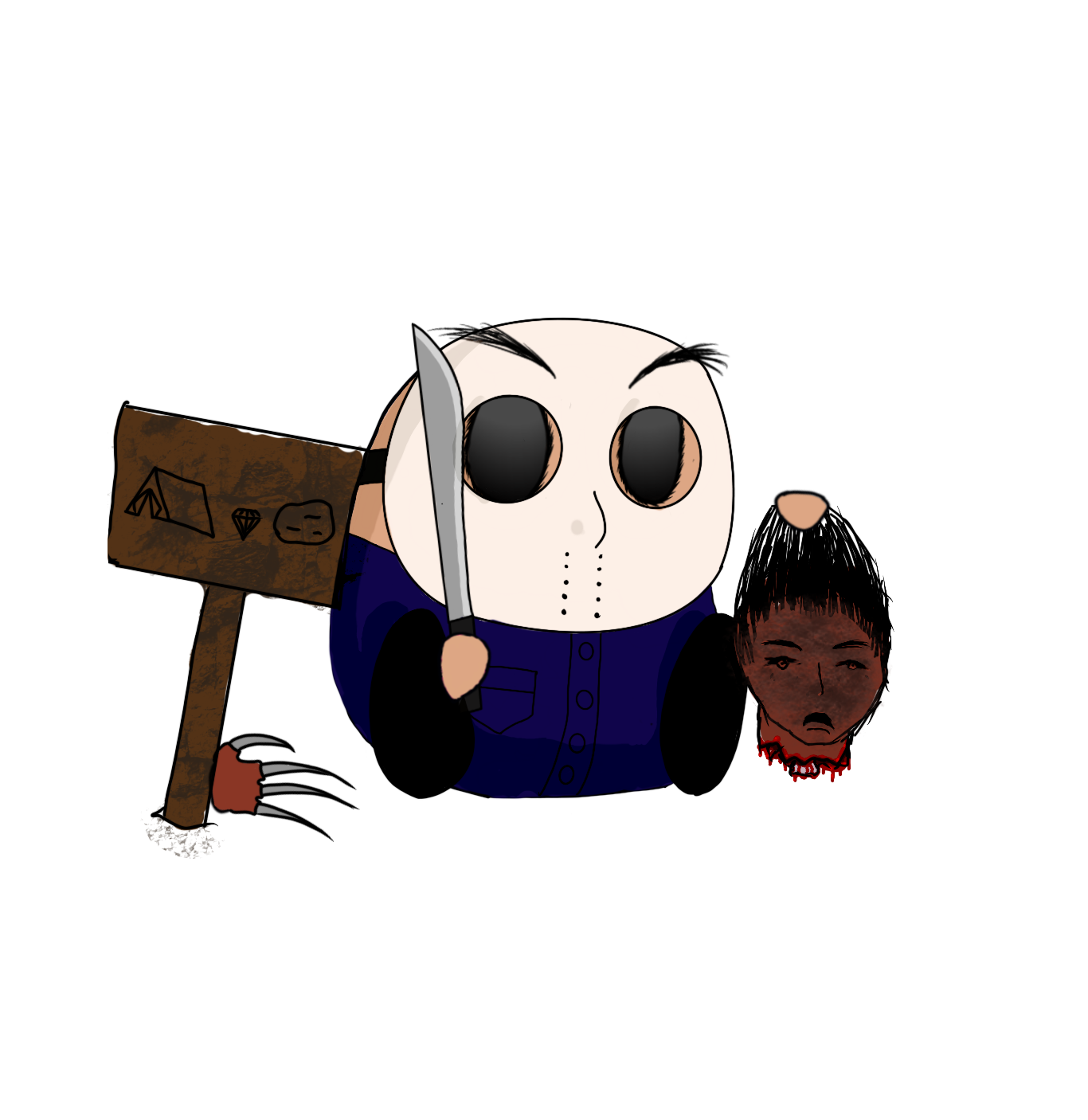 Cartoon character with large black eyes, holding a knife, with a wooden sign on his back, and a sad face visible in the dark background.