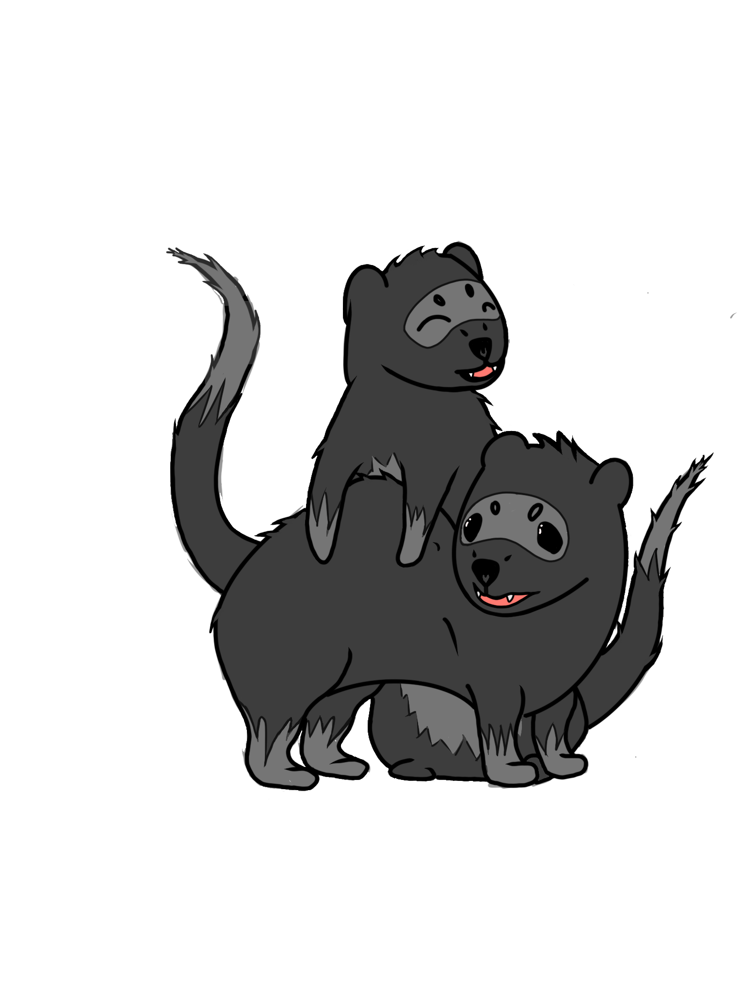 Cartoon illustration of two black and grey furry creatures with wolf-like faces, standing and sitting close together, with one creature atop the other.