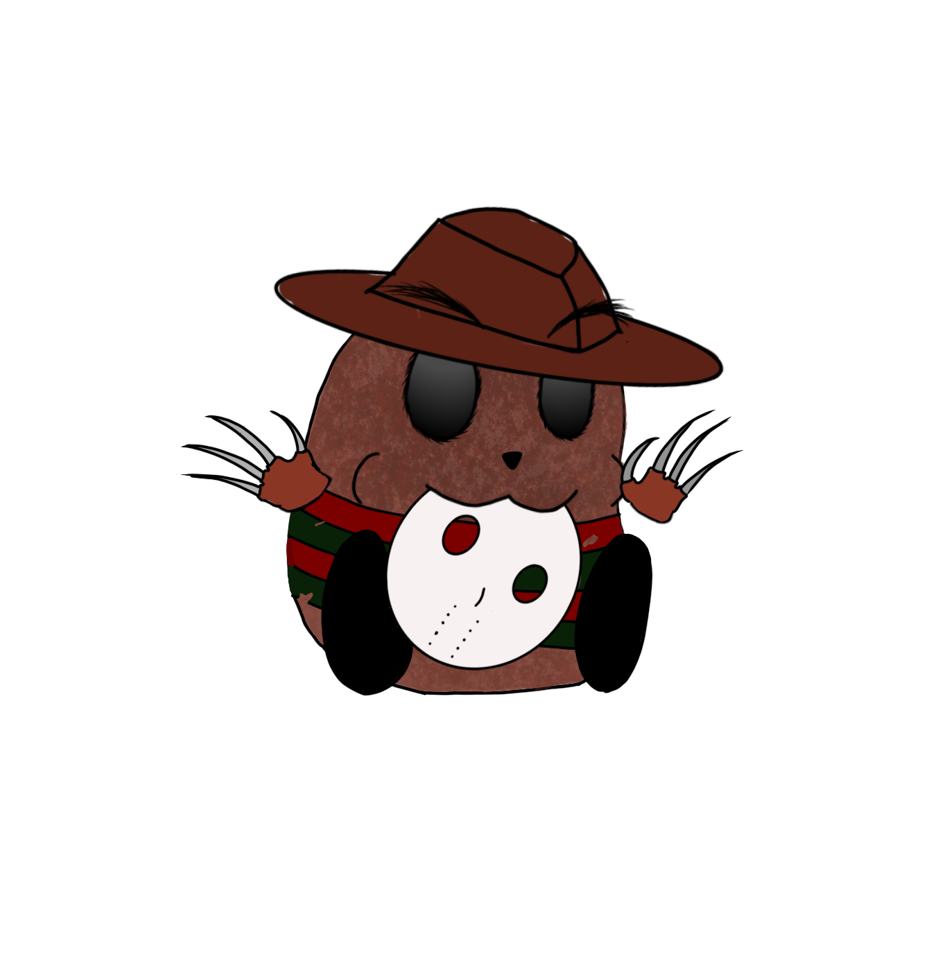 A cute cartoon character with a bear's body, large black eyes, and a small nose, wearing a brown wide-brimmed hat, a striped red and green shirt, a white mask on its face, and gloves with claws.