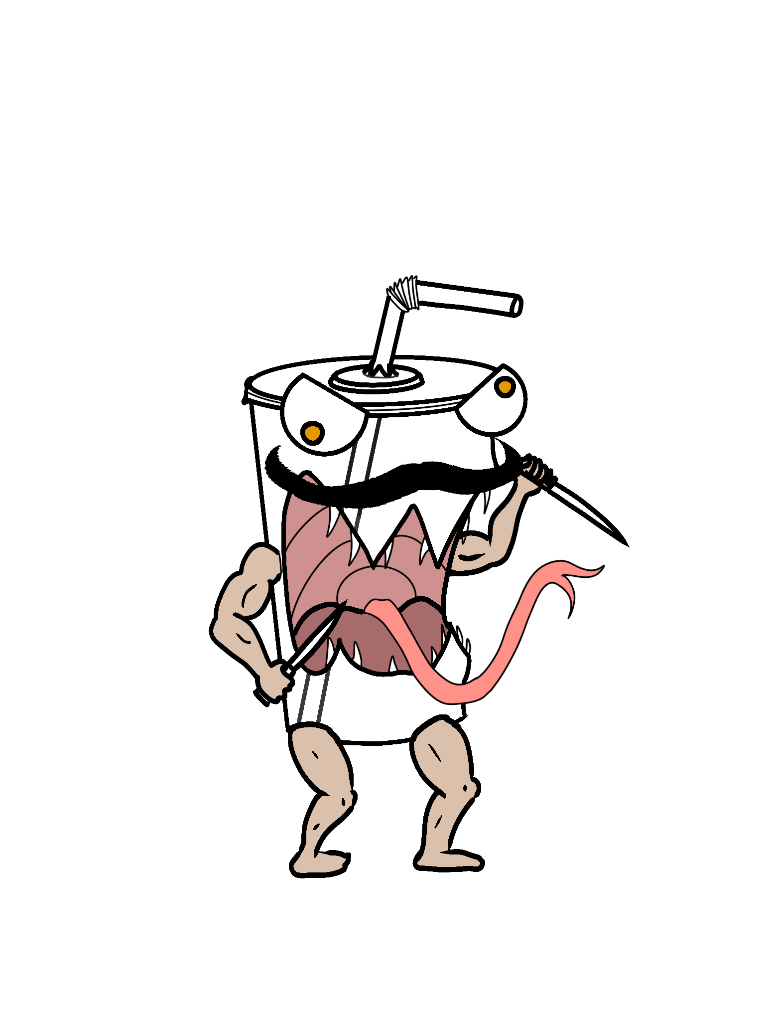 A cartoon character with a horse head and human body, wearing a pink shirt and shorts, holding a sword, with an elephant trunk coming out of its mouth, and a apple-shaped body with two eyes on its chest.