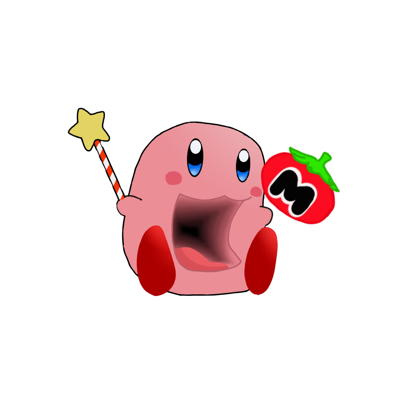 Cute pink cartoon character with big blue eyes, red feet, and cheeks, holding a star wand in one hand and a large red M&M candy in the other, against a black background.