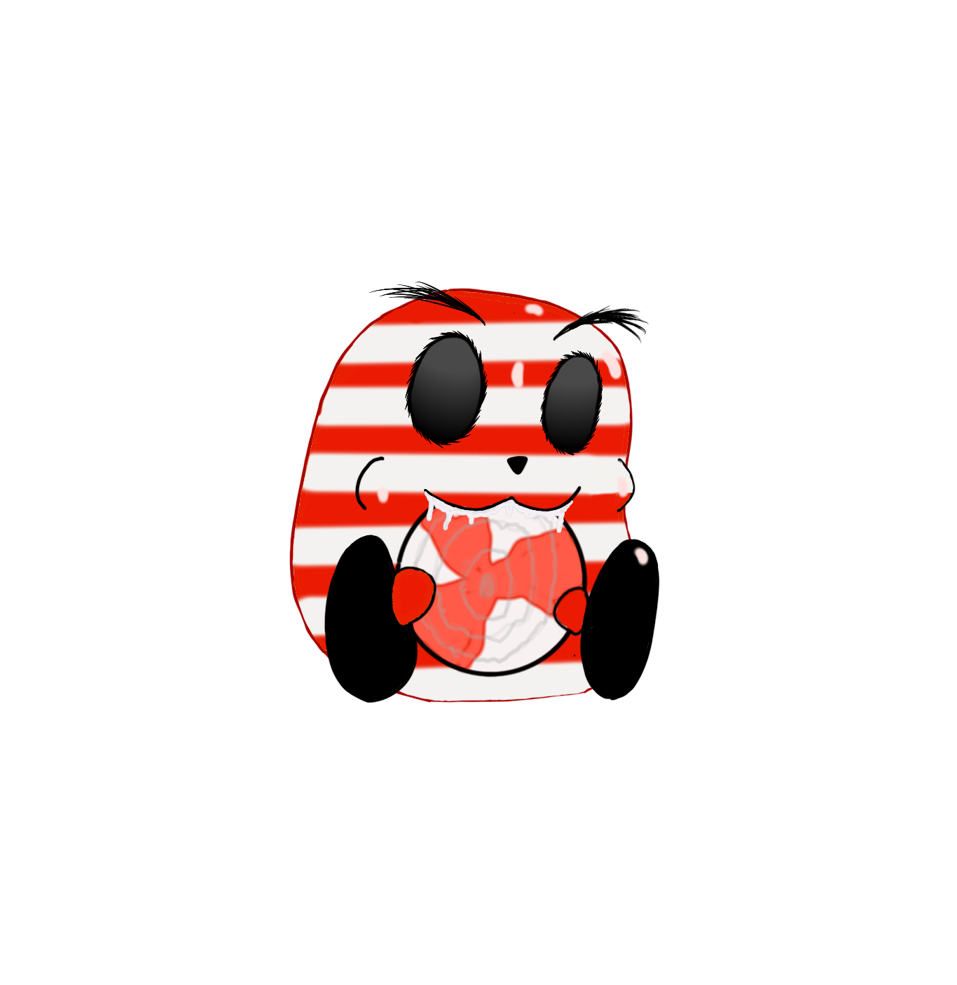 A cartoon character resembling a small creature with large black eyes, red and white striped body, holding a heart with both hands, smiling, with a shiny red head and tiny white droplets on its face.