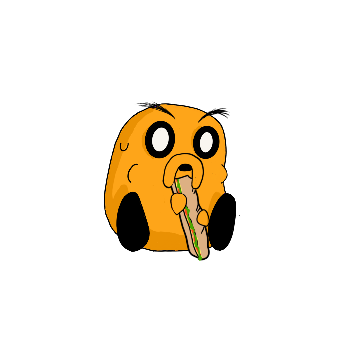 A cartoon dog with large eyes and an orange coat, holding a taco with lettuce and sauce, against a black background.