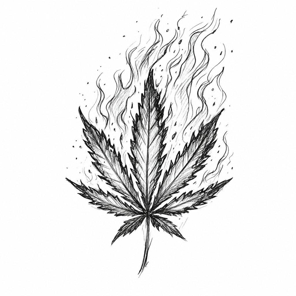 A detailed black and white sketch of a marijuana leaf with flames emanating from it.