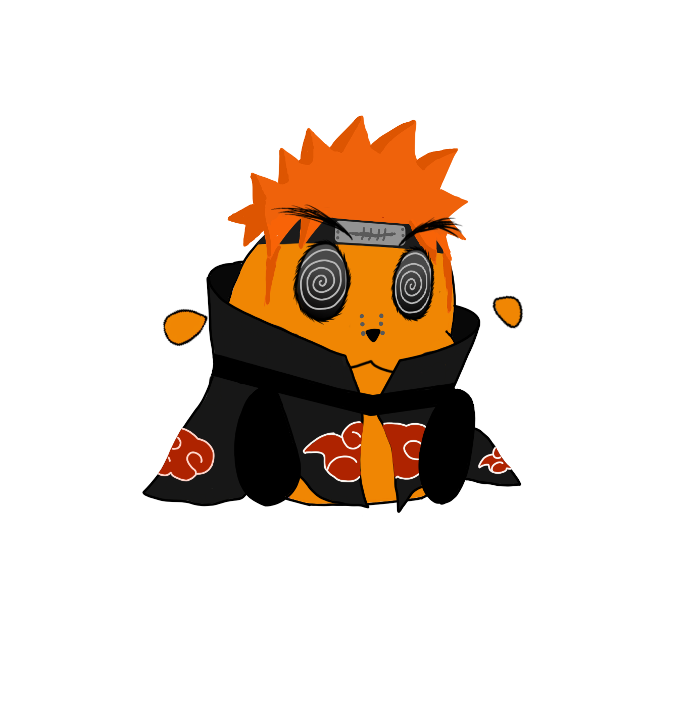 Cartoon of a small orange animal with spiky hair, spiral eyes, and a green face marking, wearing a black cloak with red cloud patterns, and a gray headband, against a dark background.