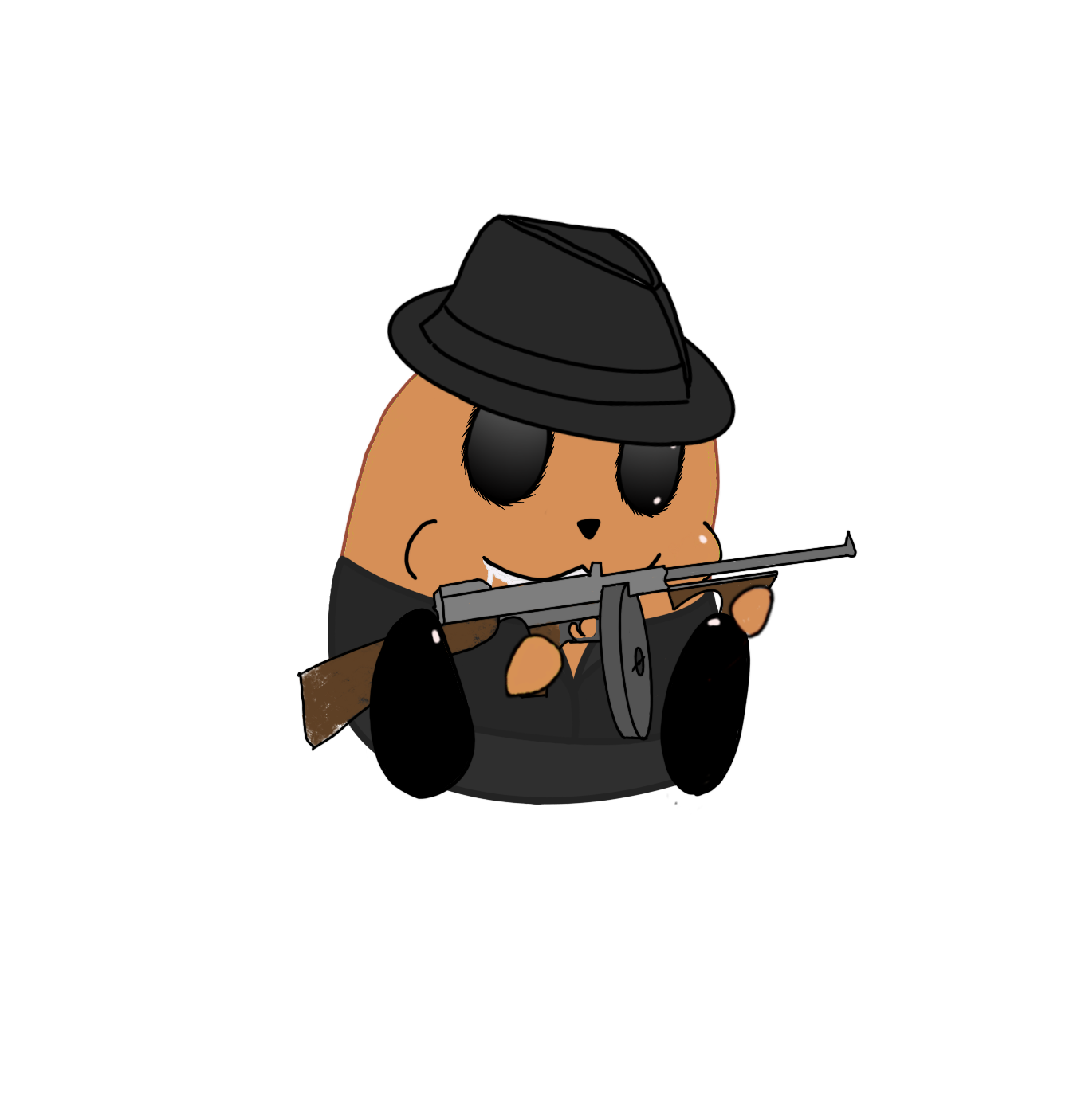 Cartoon character resembling a hamster with black eyes, wearing a black fedora, black suit, and holding a rifle, against a black background.