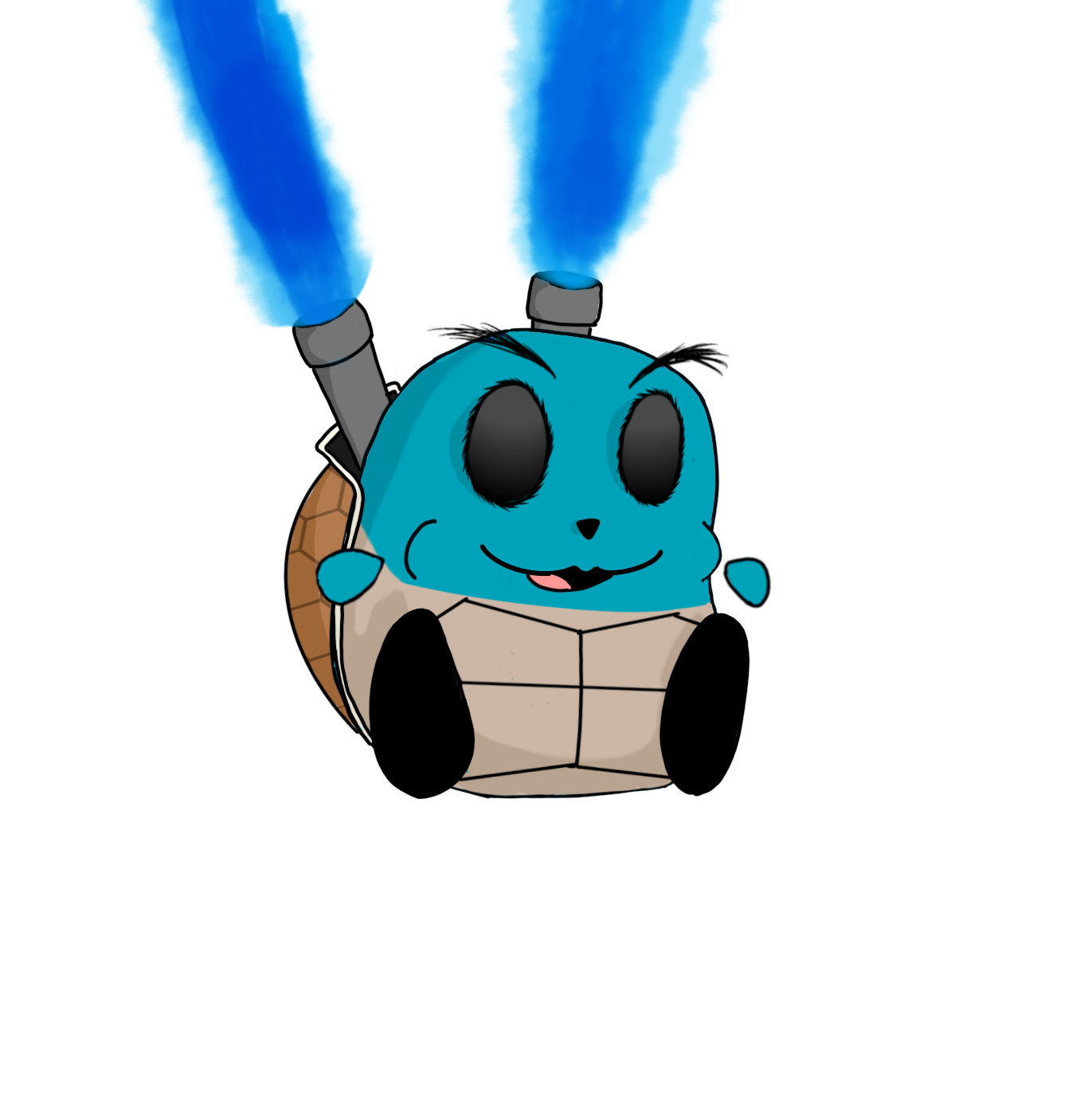 Cartoon character of a blue turtle with large black eyes, a happy expression, and flames coming out of its shell, suggesting it is Super Mario's enemy, Bowser Jr., in a digital art style.