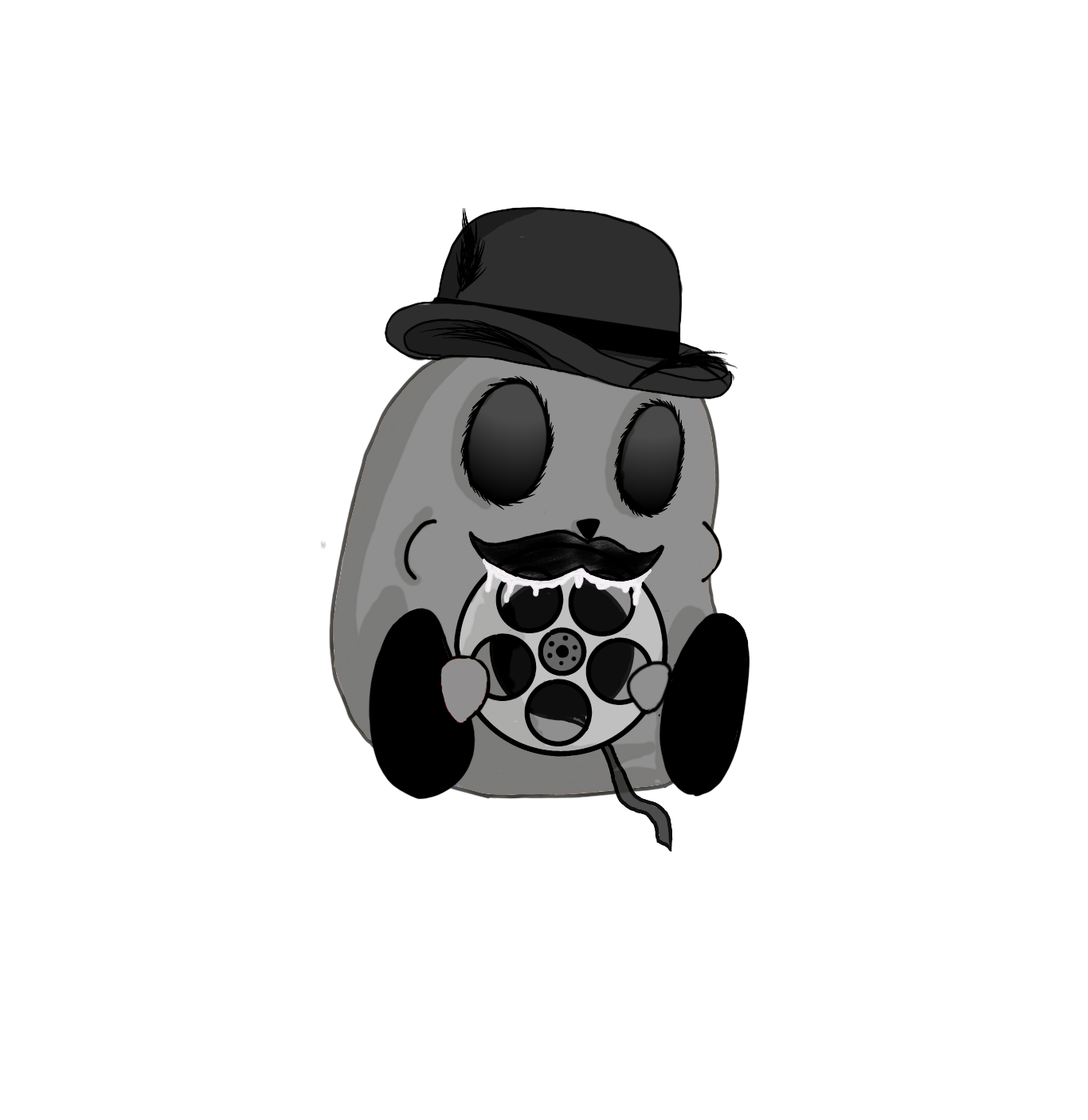 A cartoon ghost wearing a black hat with a gray band, a black mustache, holding a pizza with black olives, and the ghost has a black mustache also.