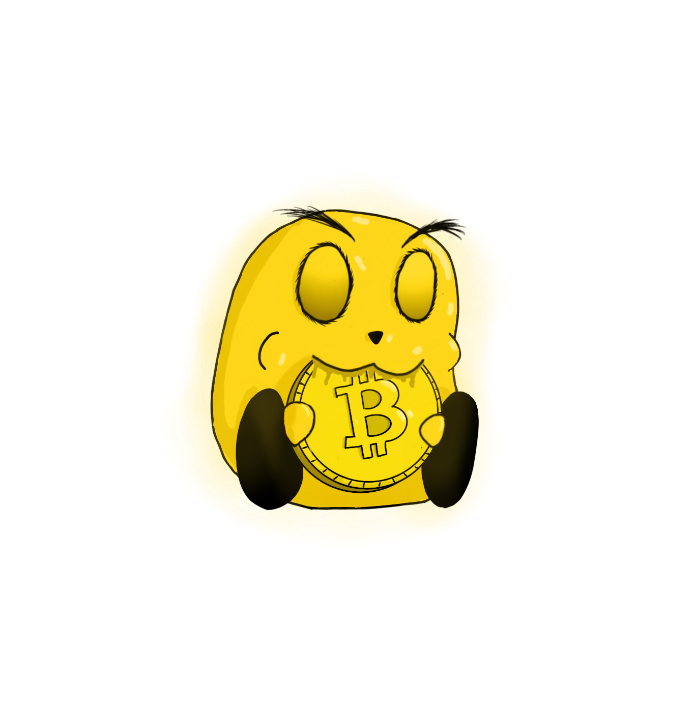 Cartoon character of a yellow, bunny-like creature with long ears, holding a large Bitcoin symbol in front of its mouth.