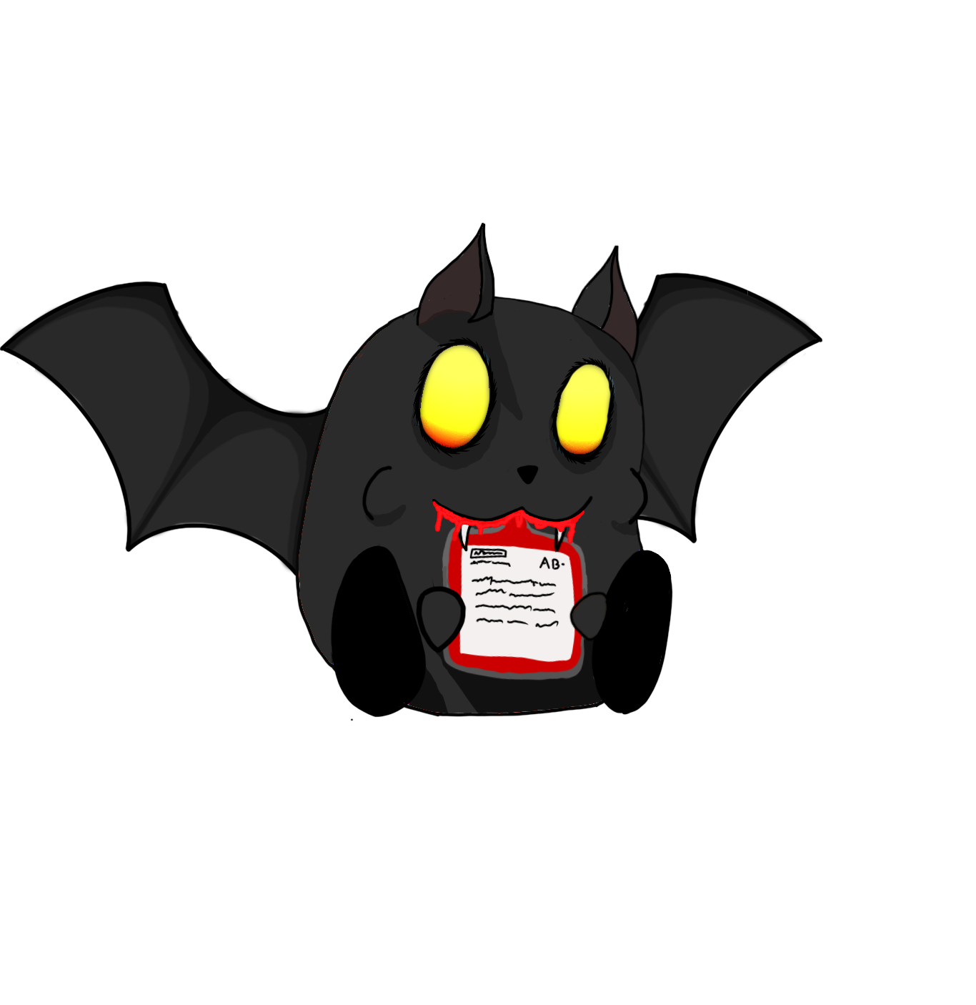 A cartoon black bat with large yellow eyes and blood dripping from its mouth, holding an envelope labeled 'AB'.