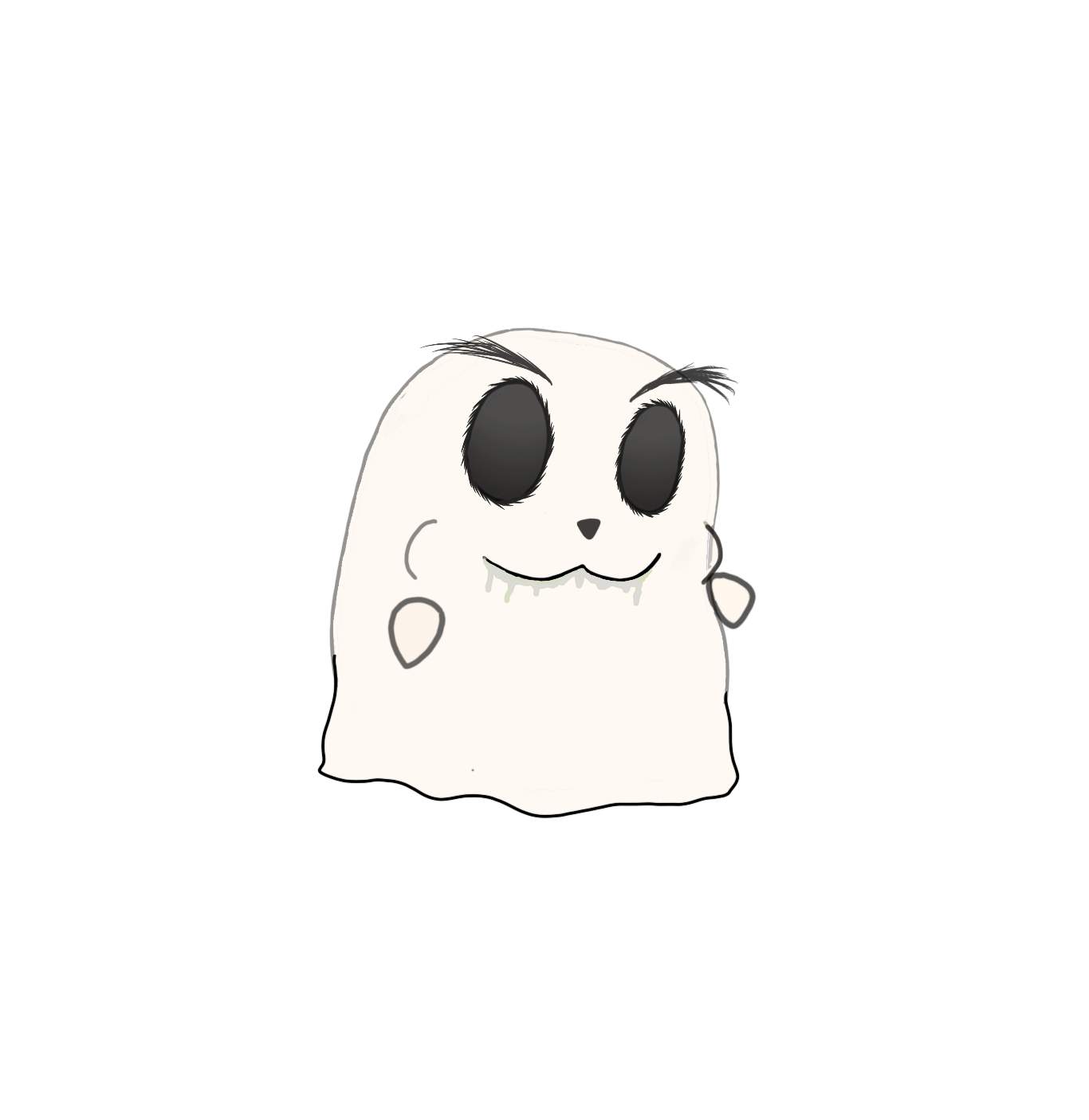 A cartoon ghost with large black eyes, a small smiling mouth, and drool dripping from its lips, set against a black background.
