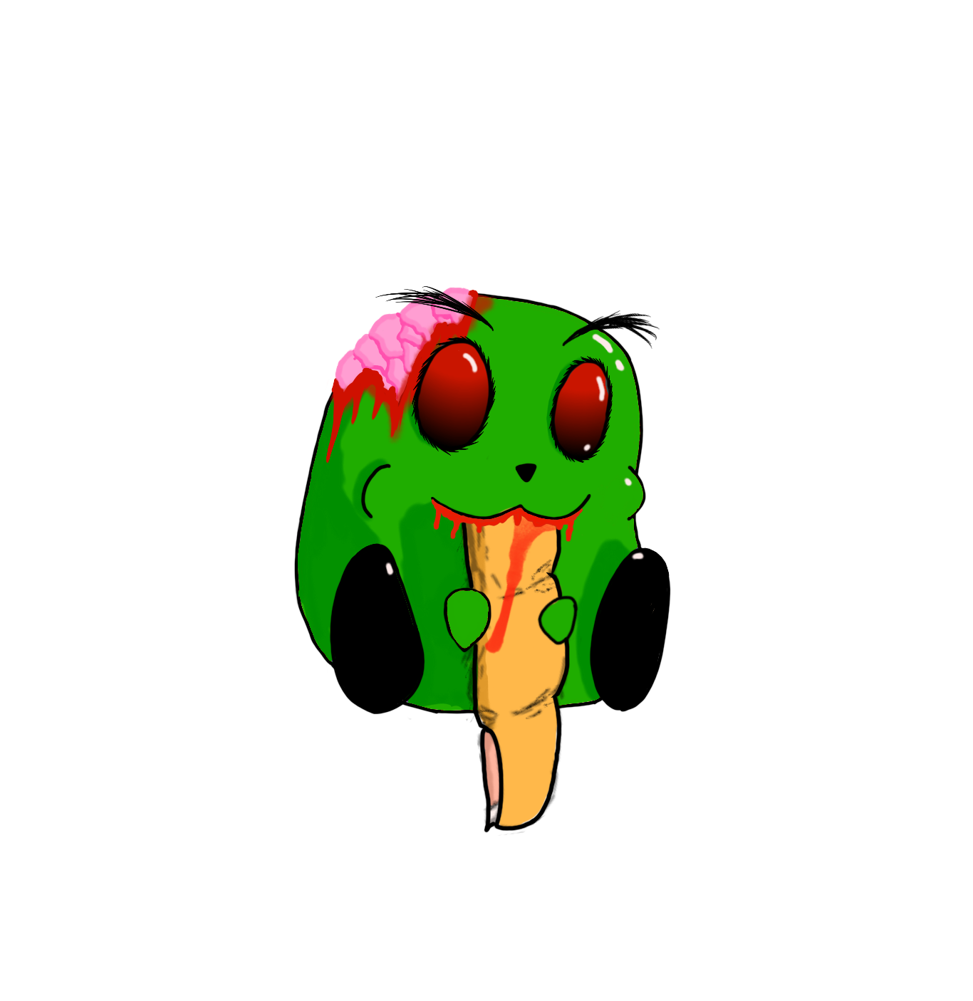 A cartoon green creature with large red eyes is eating a large French fry. Its head is partially missing, exposing a pink brain with red blood-like drips. It has a small black nose and a mouth with a red tongue, and it appears to be happy.