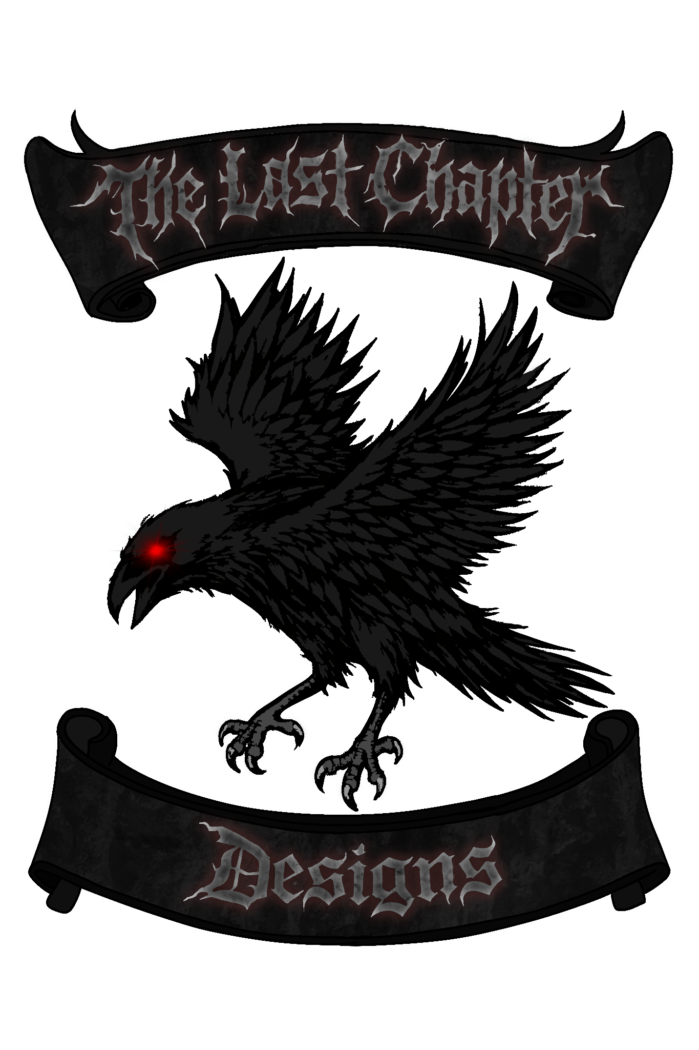 A black eagle with red eyes on a shield with a dark banner above that reads "The Last Chapter" and a dark banner below that reads "Designs" in gothic font.