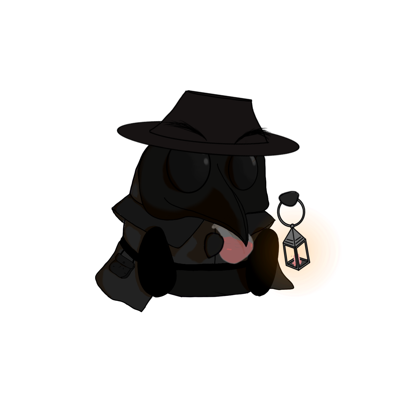 Cartoon character resembling a plague doctor wearing a wide-brimmed hat, glasses, and a beak mask, holding a lantern emitting an orange glow, sitting in darkness.
