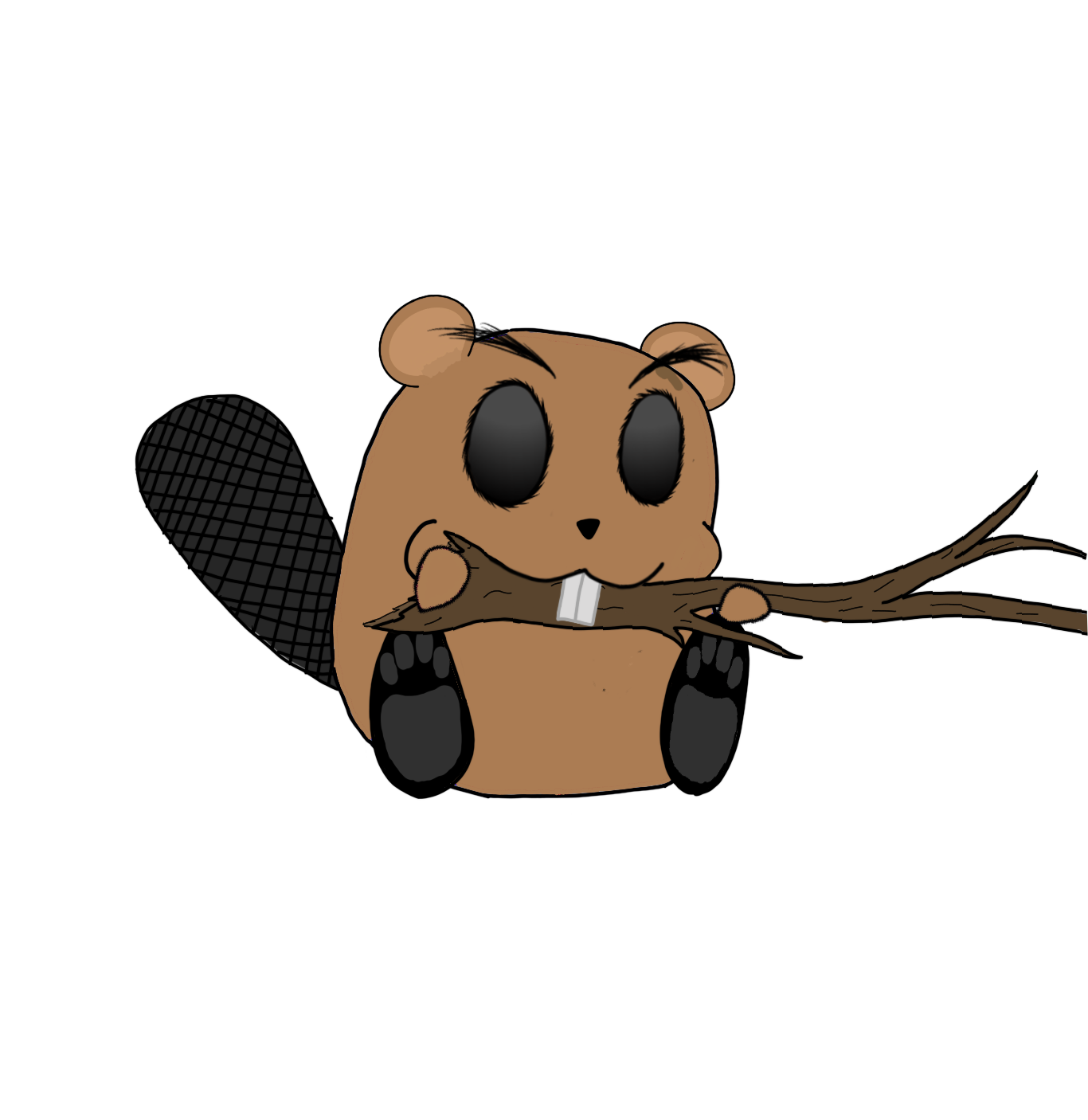 Cartoon guinea pig with large black eyes holding a stick in its mouth, sitting against a black background.