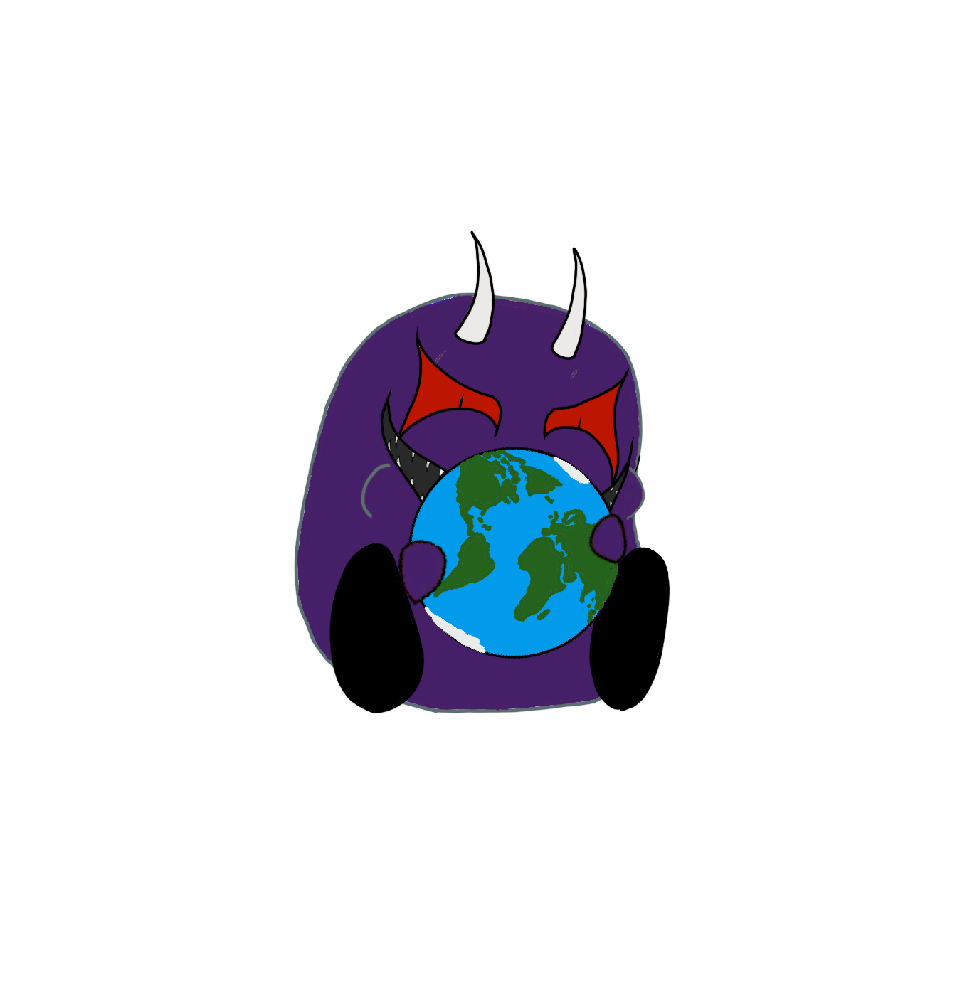 A cartoon purple demon with horns, red eyes, and a wide black smile holding a small Earth in its hands.