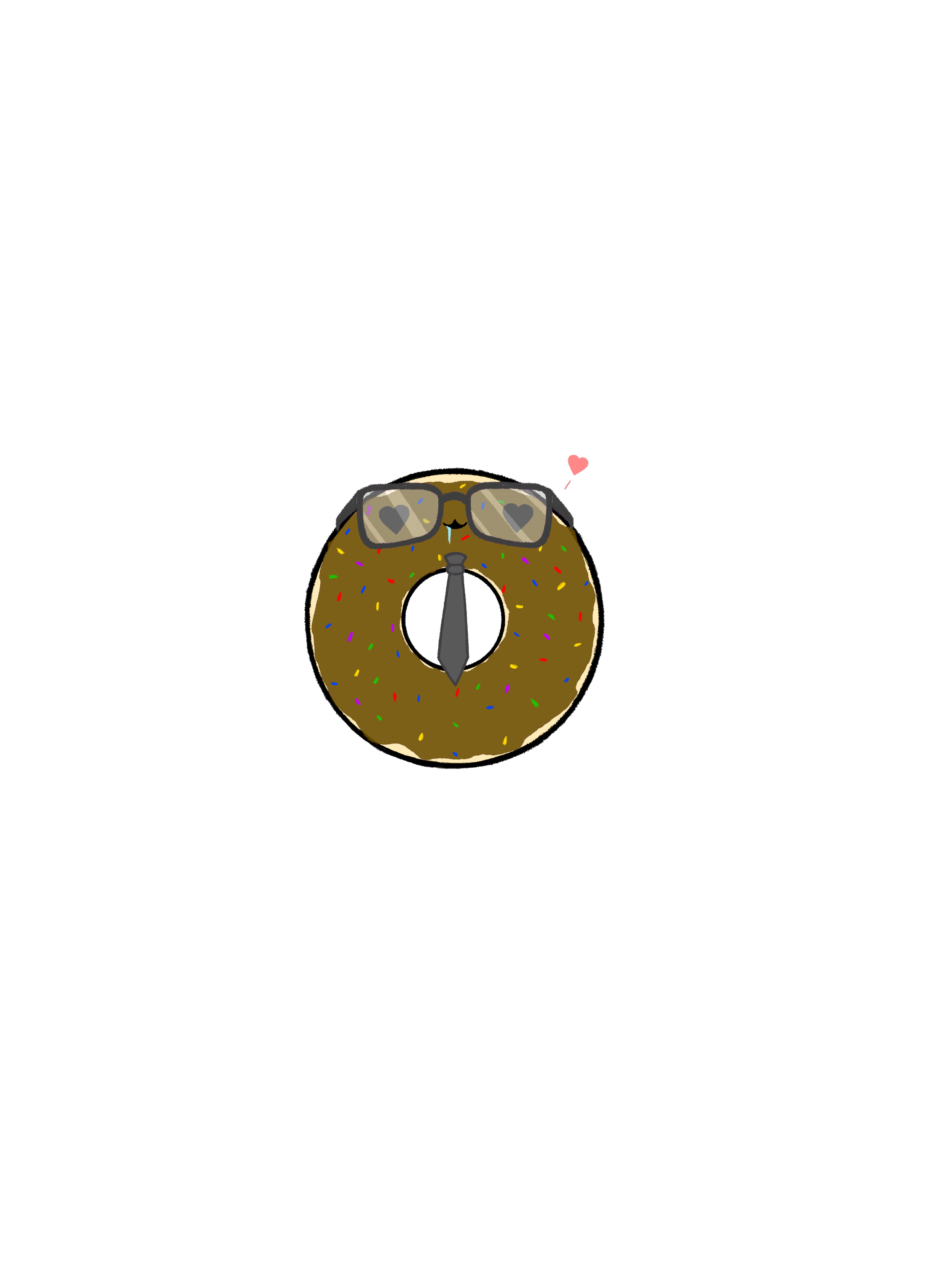 A donut with multicolored sprinkles, wearing sunglasses with heart-shaped lenses, a small pink heart on a stick, and a grey tie, set against a black background.