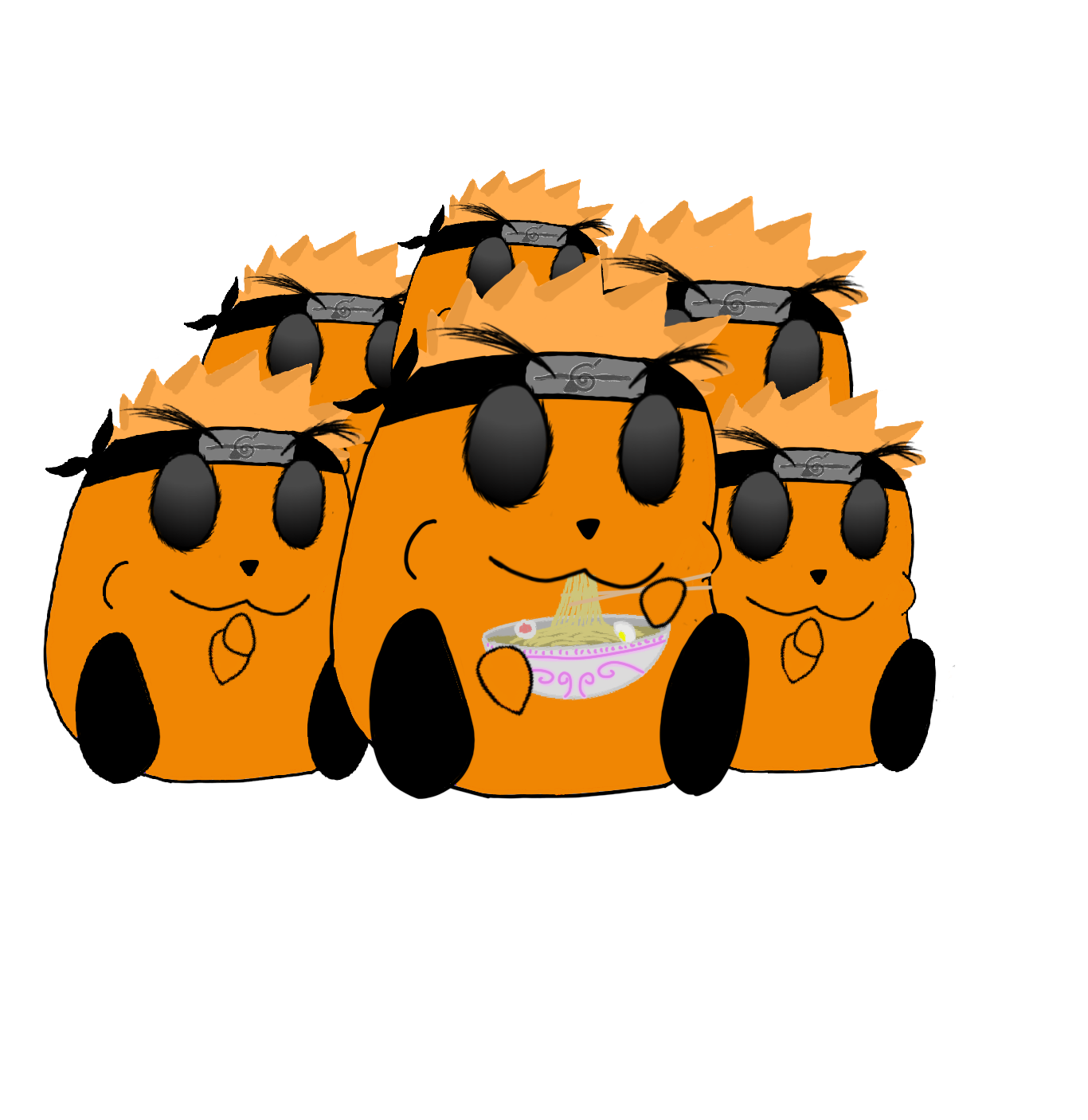 Cartoon illustration of five orange cats with black eyes, each wearing a gray headband with black hair, and one cat in the center eating ramen from a pink bowl.