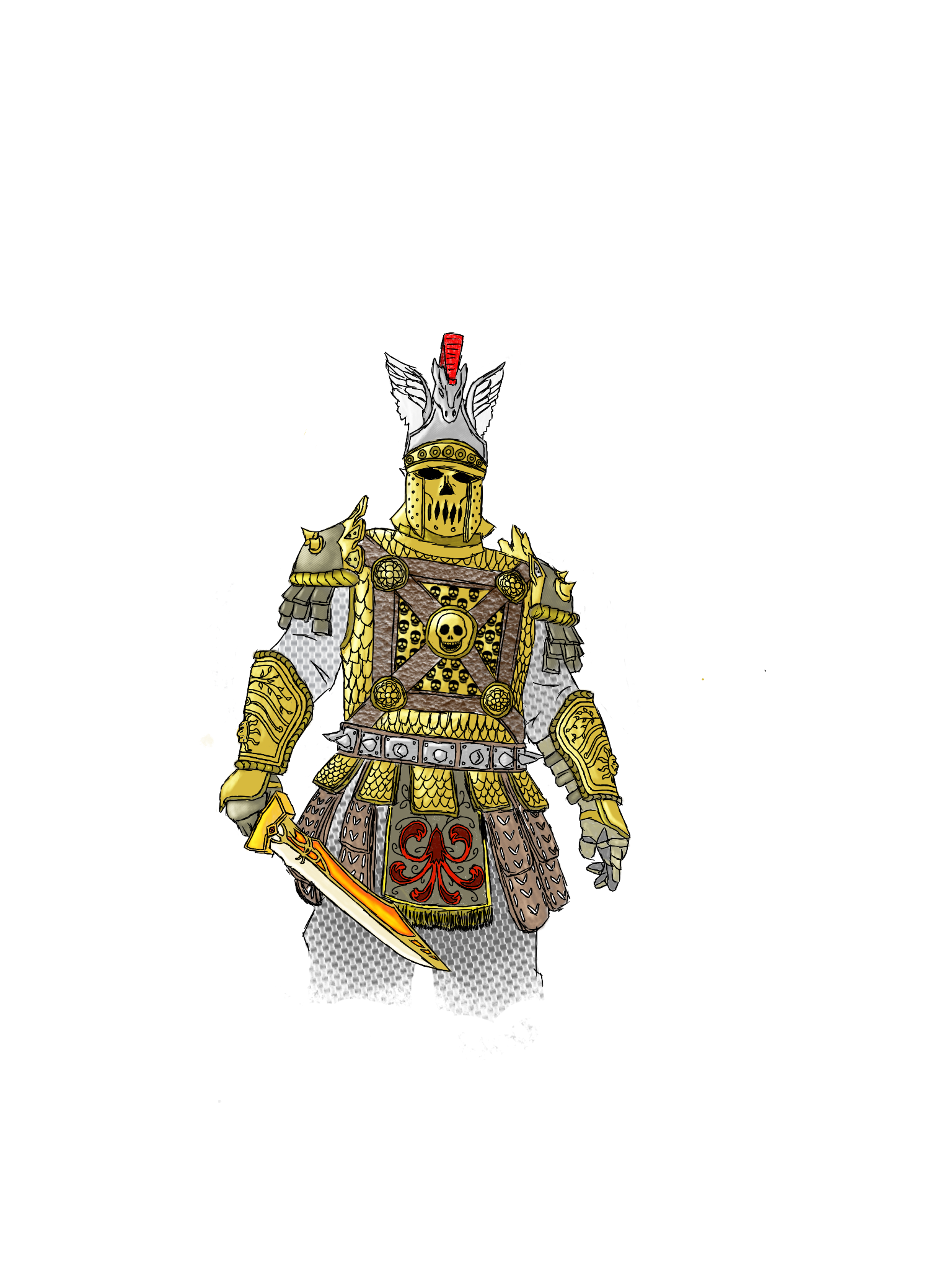 A detailed illustration of a medieval knight in gold and silver armor, holding a sword, wearing a helmet with a horse head crest, and adorned with skull motifs.