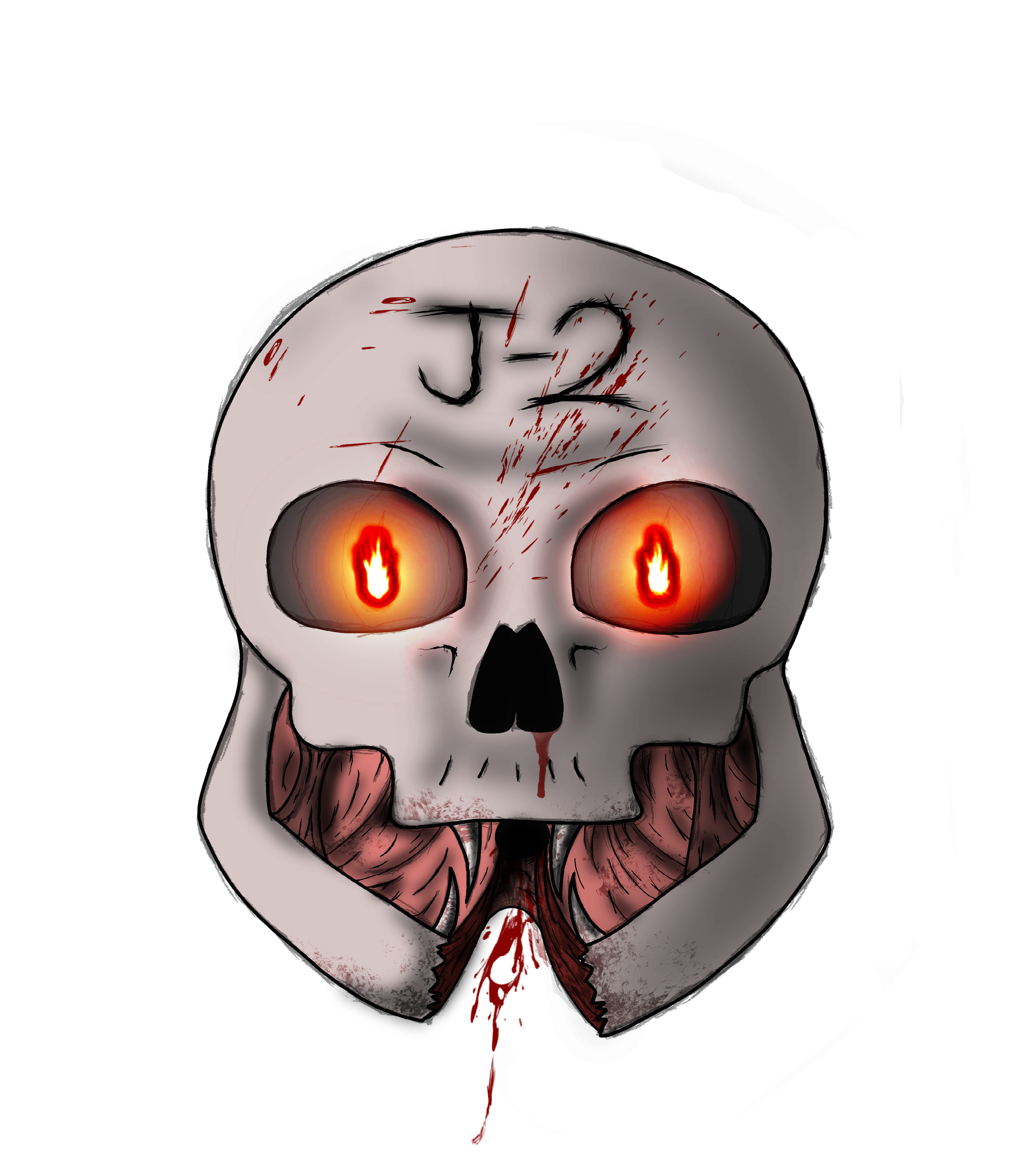 A skull with glowing eyes, covered in blood and scratches, with a dark background, creating a haunting and eerie effect.