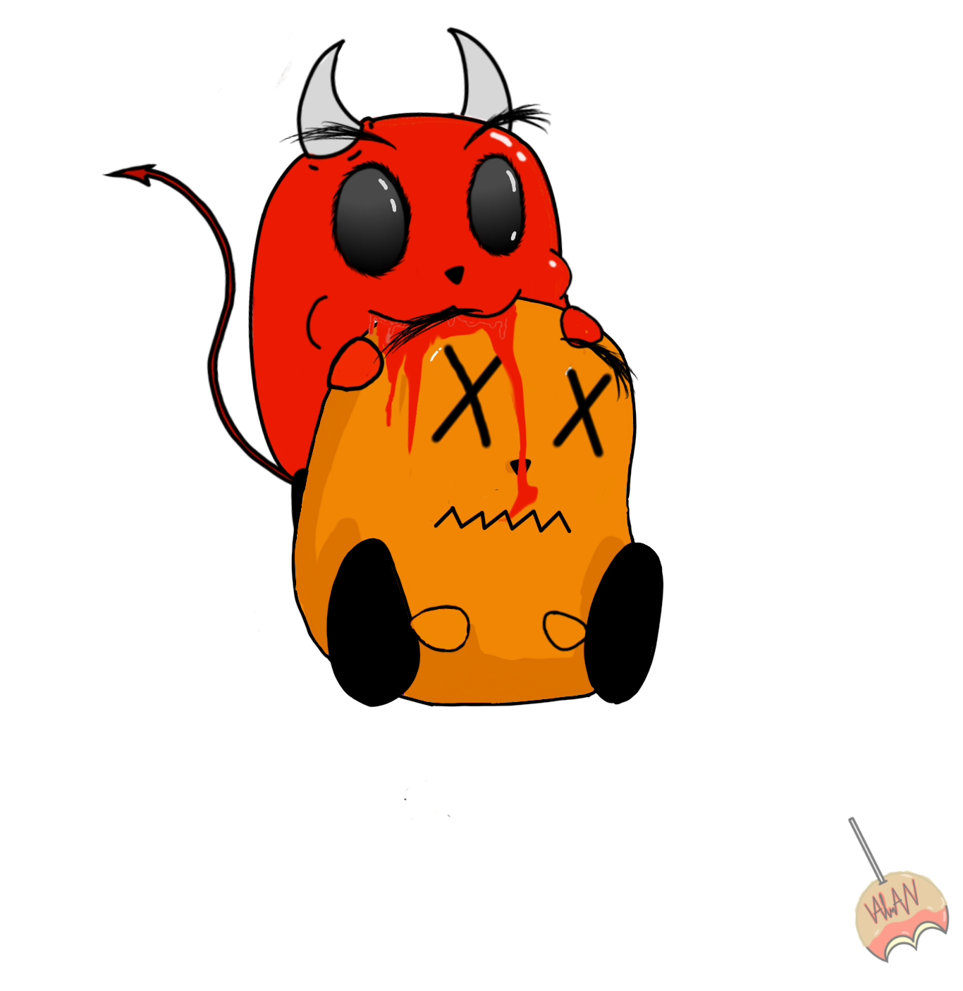 A cartoon red devil with horns, large black eyes, and a mischievous smile, biting into an orange loaf with Xs for eyes and a jagged mouth. In the lower right corner, a small apple with a bite taken out, labeled 'WASP' in red text.