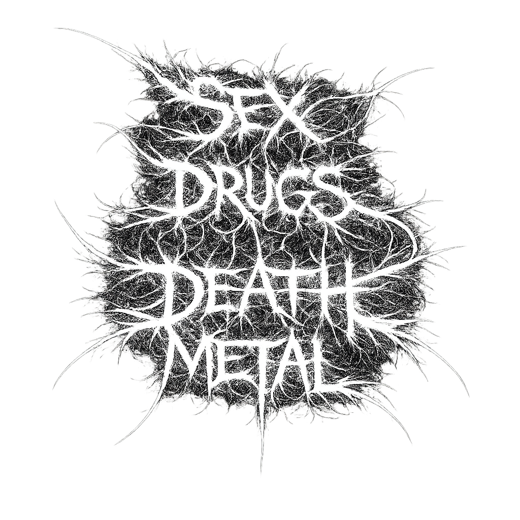 A black background with white electric-style text that reads 'DRUGS DEATH METAL' surrounded by jagged lightning bolt patterns.