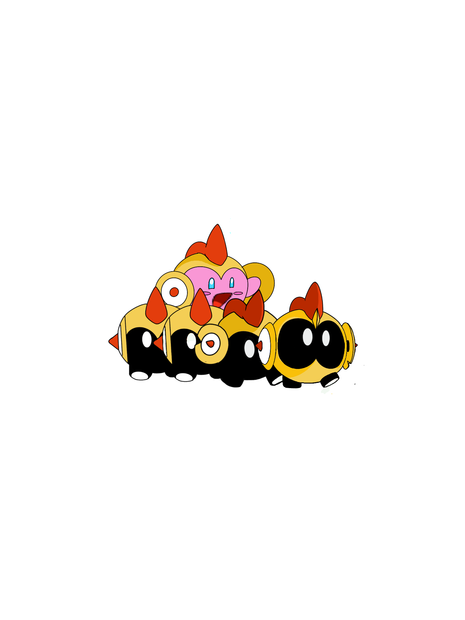 A group of cartoon chick characters with black bodies, large eyes, and orange beaks arranged together, topped with a pink chick face with blue eyes.