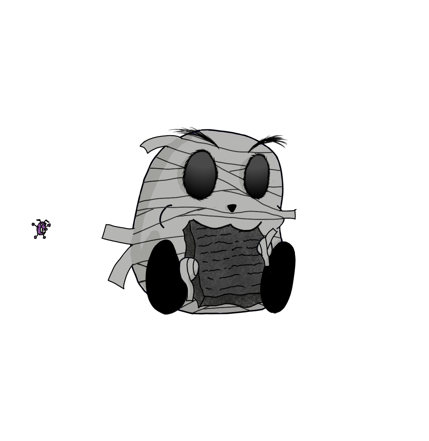 A cartoon character resembling a small animal with large black eyes, wrapped in white bandages, holding a dark gray, textured object, standing against a black background.