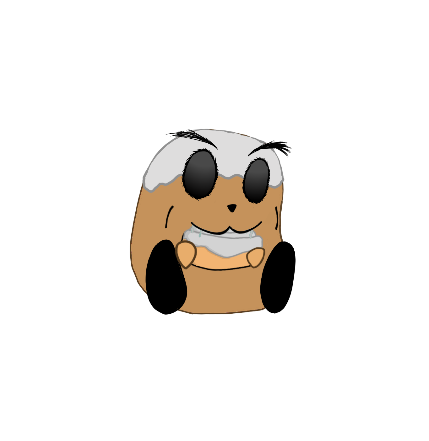 A cartoon of a guinea pig with large eyes, gray hair, and a wide smile showing teeth, holding a small pumpkin.