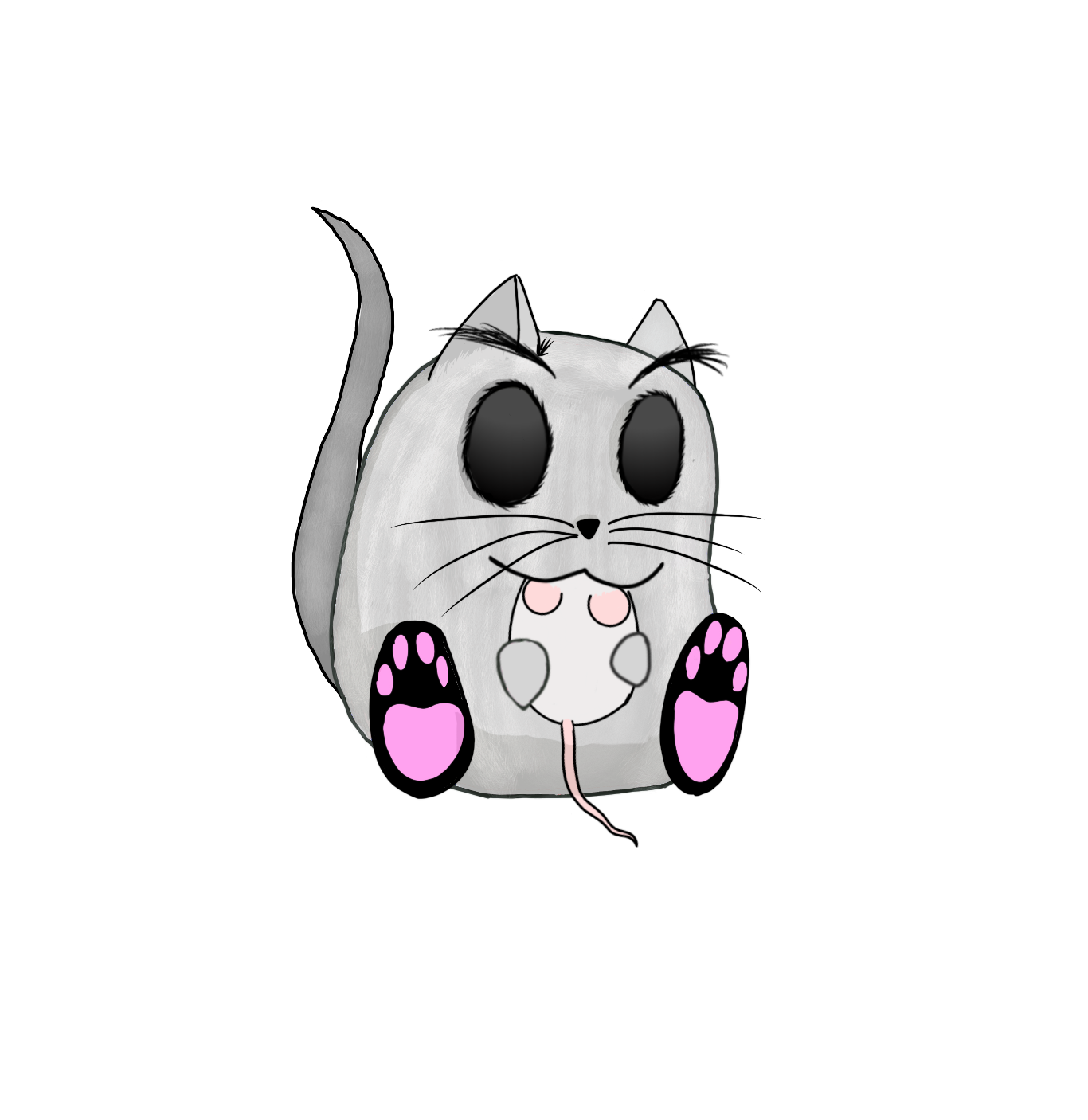 Cute gray cartoon mouse with large black eyes, pink paws, and a long pink tail, sitting on its hind legs with its front paws on its belly, smiling.