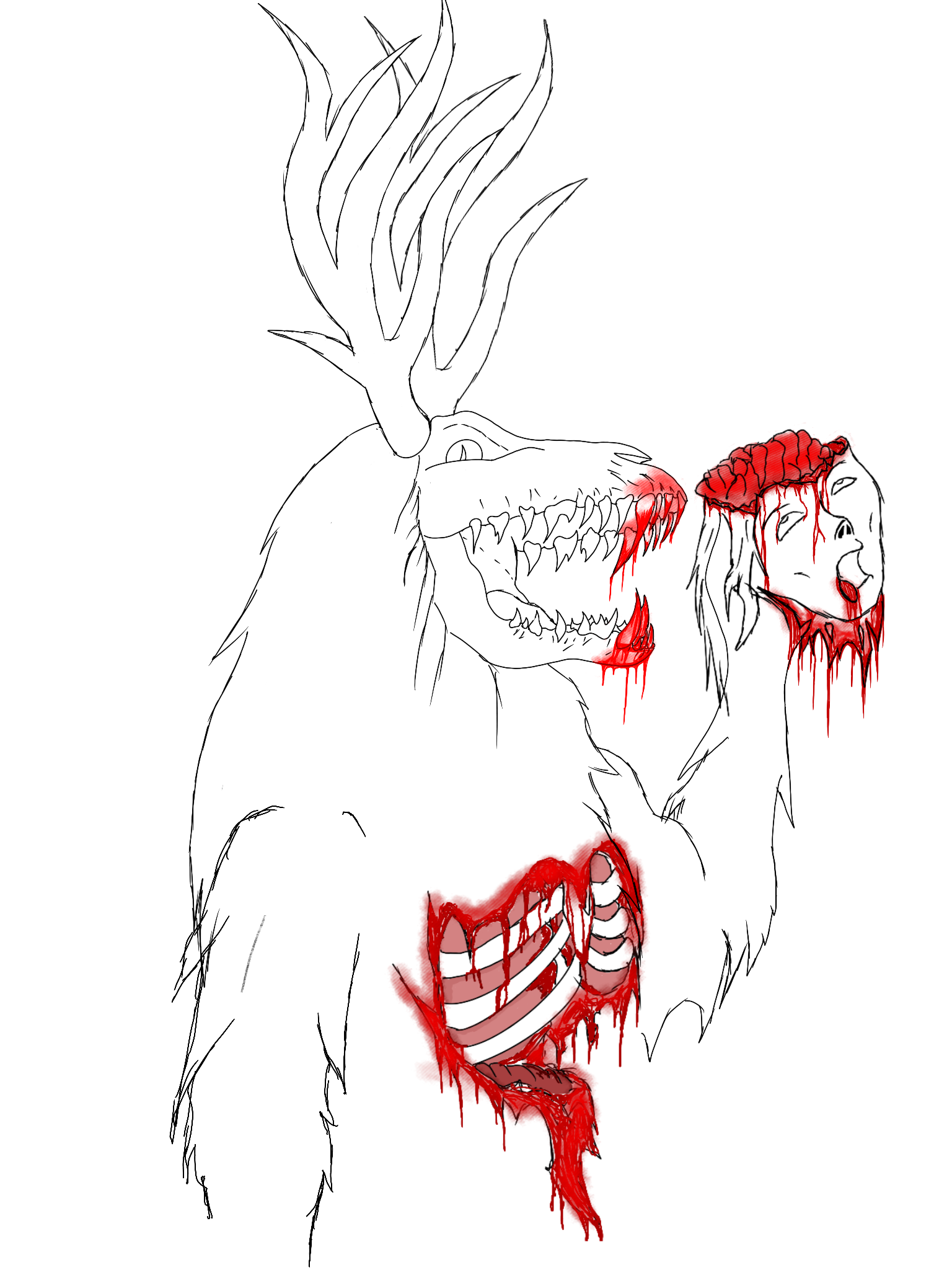 A drawing of a supernatural creature with a wolf's body, large antlers, and a large, fierce mouth. It has blood dripping from its mouth and chest, with a large, open chest showing ribs and organs.