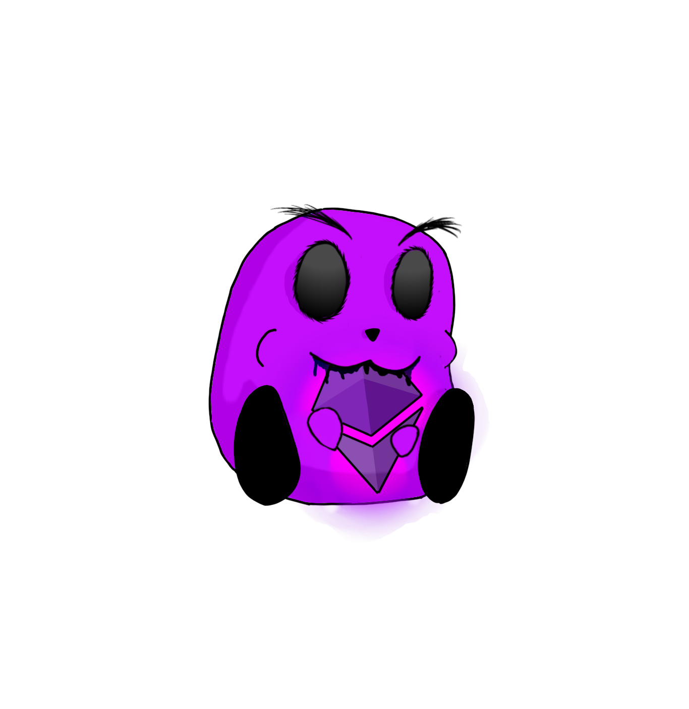 A cute purple cartoon ghost with large black eyes and a small nose, holding a purple gemstone with a smiling face.