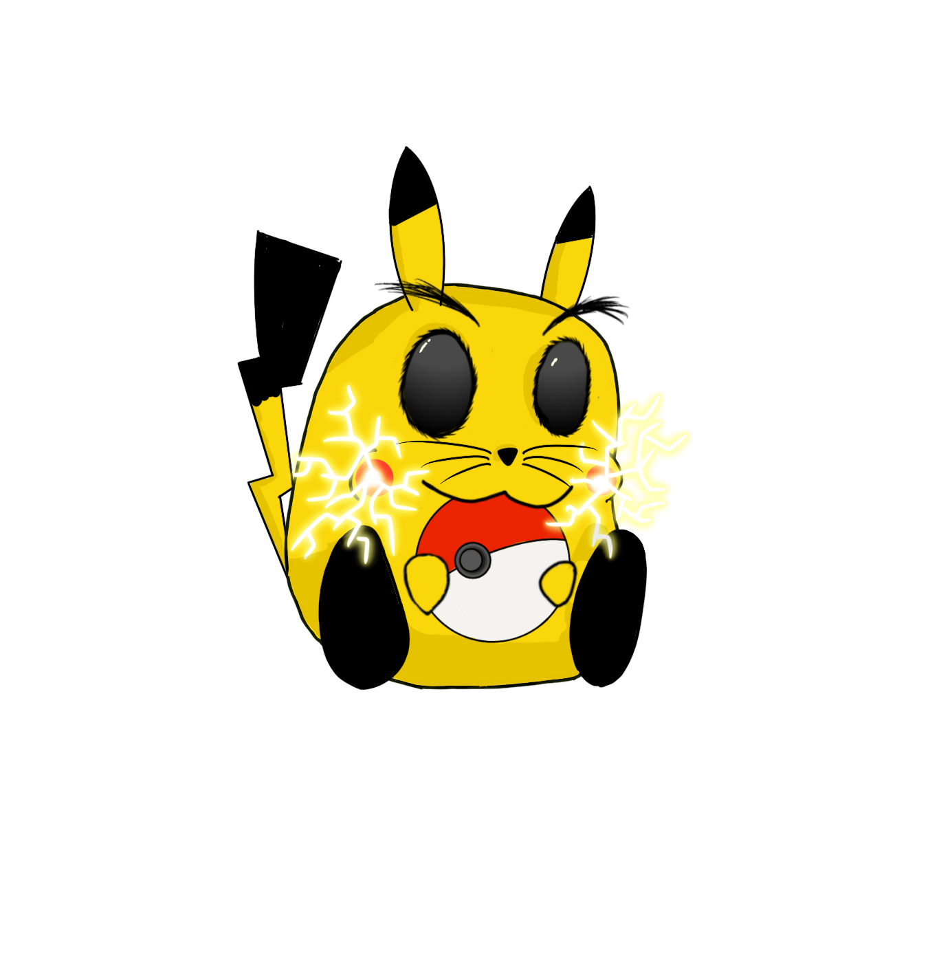 Cartoon Pikachu with lightning effects holding a Pokéball.