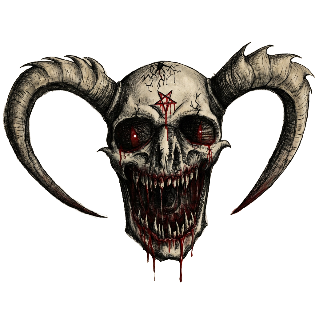 A horror-themed illustration of a goat skull with large curved horns, blood-red eyes, and sharp teeth, with a pentagram and dripping blood drawn on its forehead.
