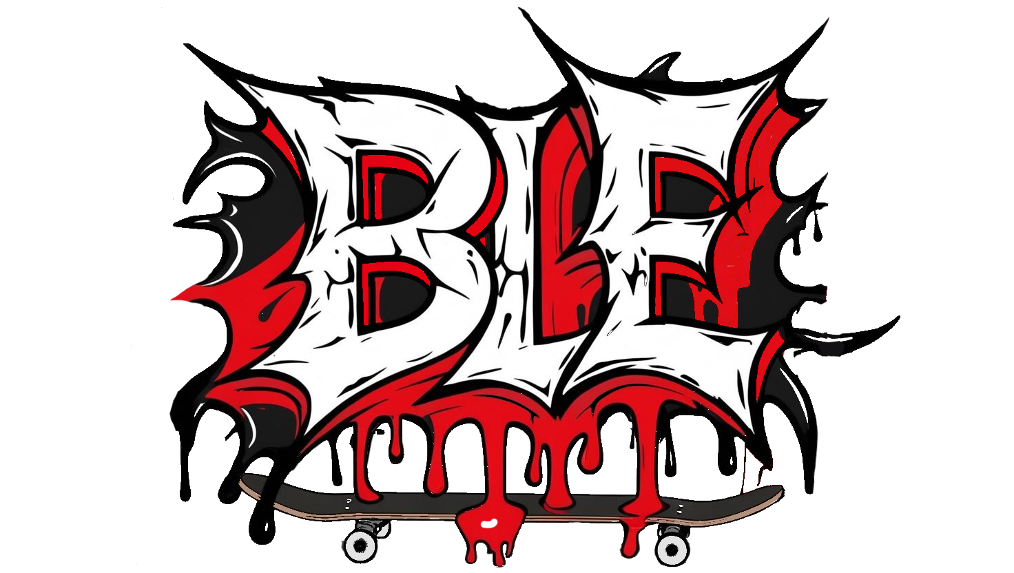 Graffiti style text that reads 'BED' in black, white, and red colors with a skateboard at the bottom.