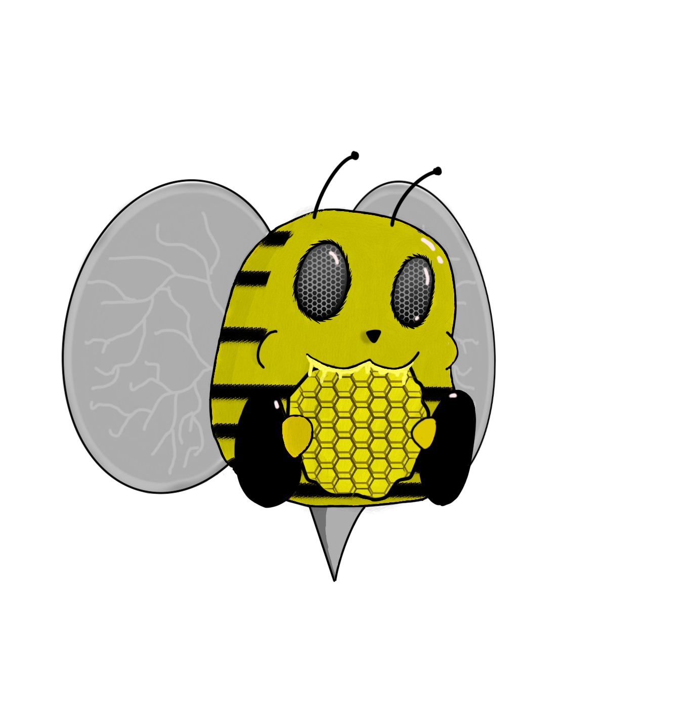 A cartoon bee with a yellow striped body holding a honeycomb, standing in front of a large white and gray flower with a black background.