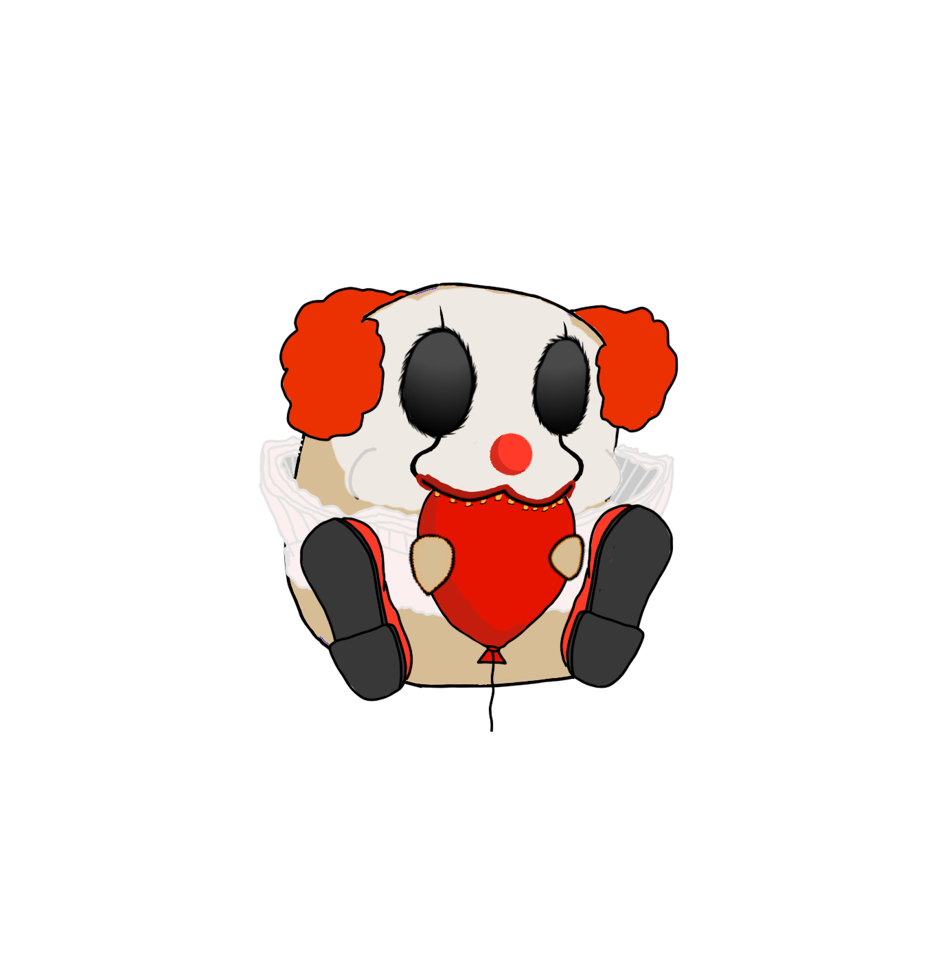 A cute cartoon dog with clown makeup, black eyes, red nose, red bowtie, and dressed as a clown, sitting with its legs crossed.