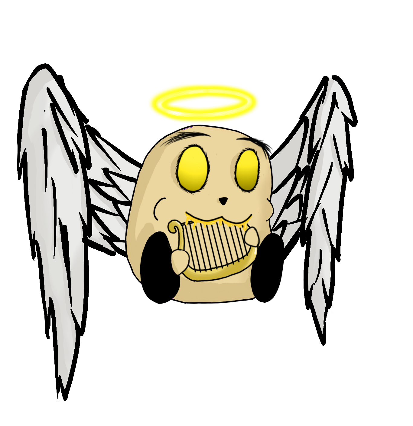 A cartoon character with angel wings, a glowing halo, and a smiling face playing a lyre.