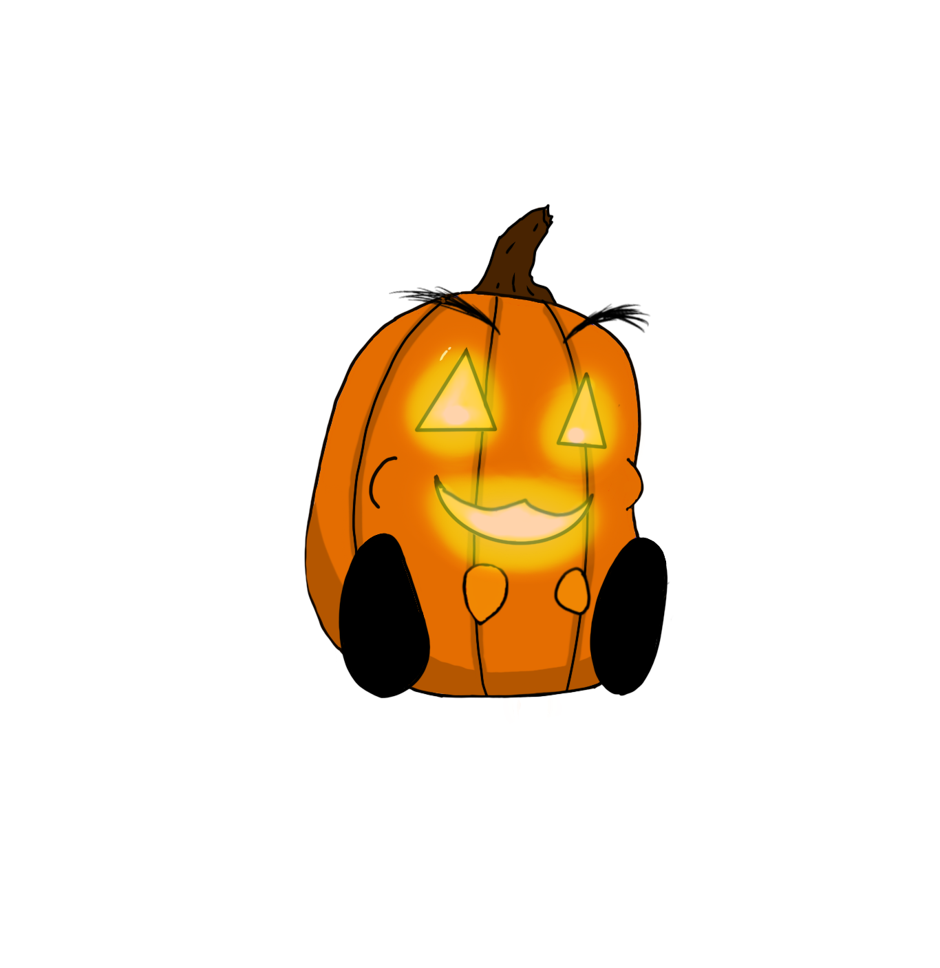 Drawing of a carved pumpkin with a smiling face, lit from inside, with triangle eyes and a curved mouth, set against a black background.