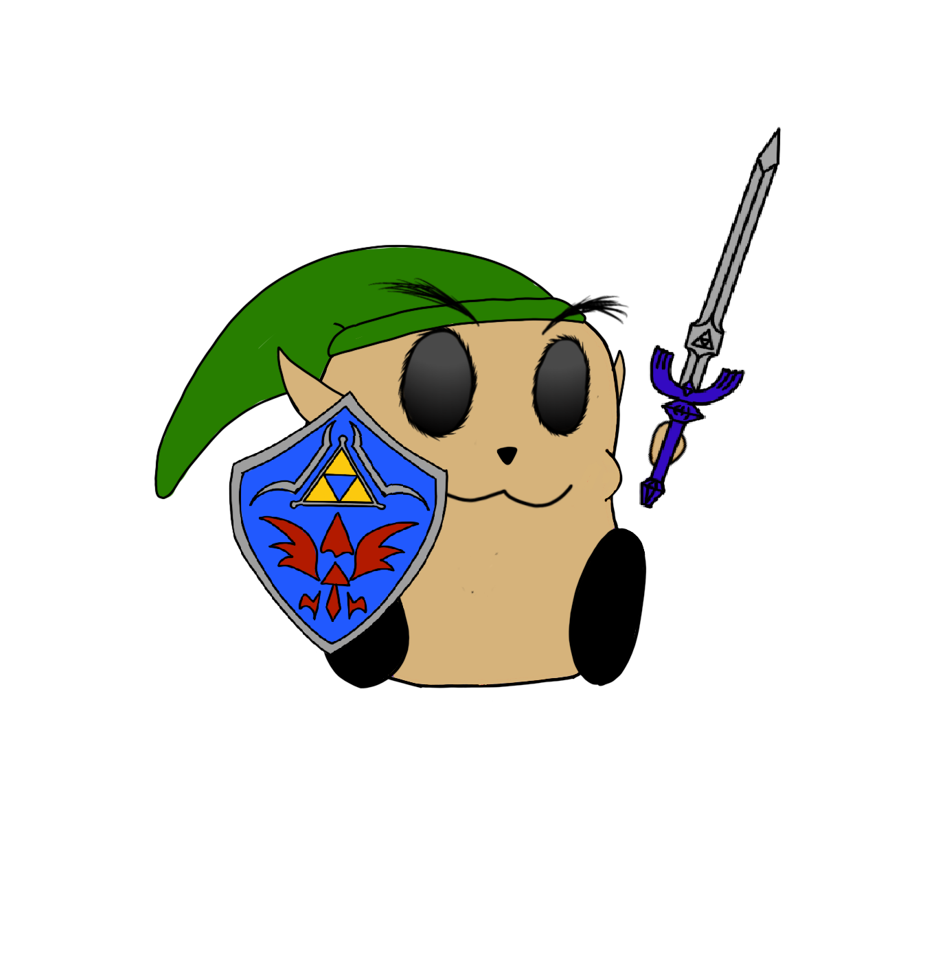A cartoon character with large black eyes, wearing a green hat, holding a blue shield with a red and yellow emblem, and a sword with a purple hilt.