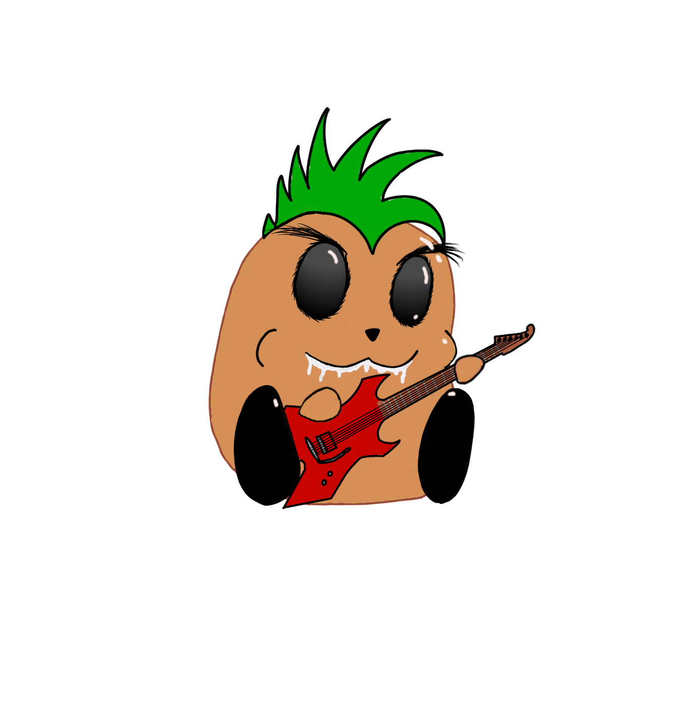 A cartoon character resembling a potato with green spiky hair, large black eyes, and a wide smile, holding an electric red guitar and appearing to sing or perform.