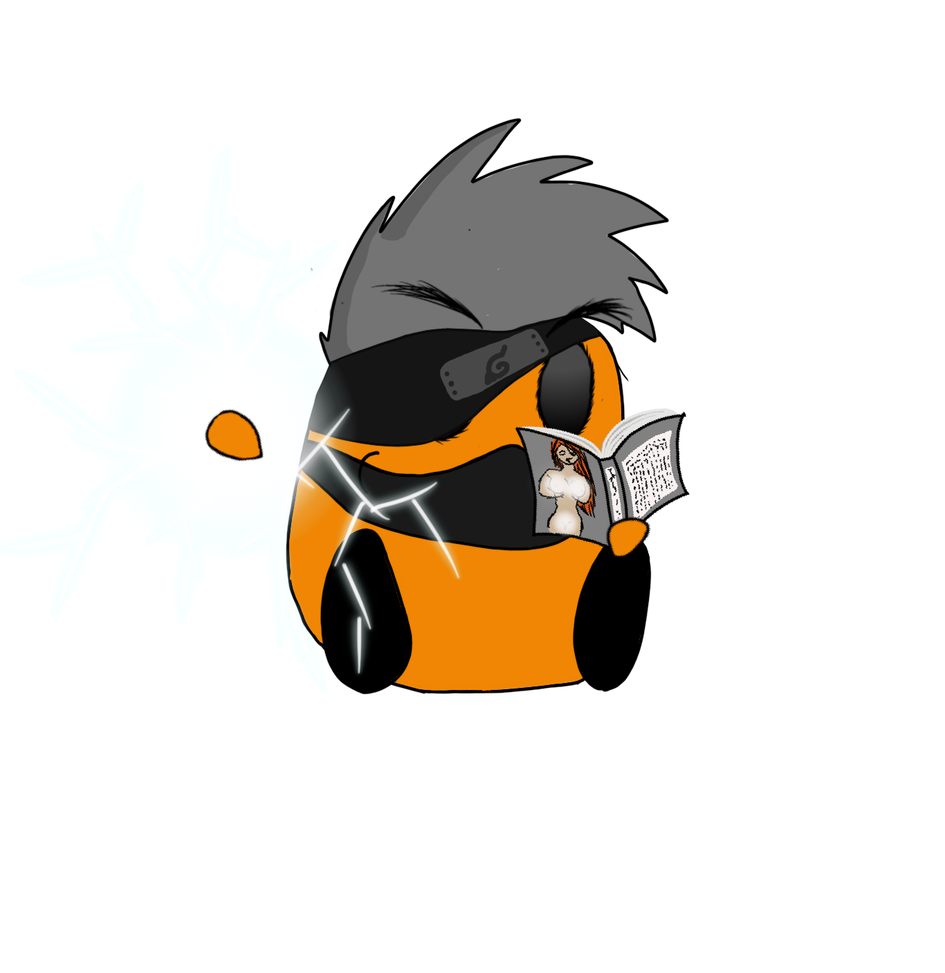 A cartoon orange character with black hair, wearing sunglasses and an orange outfit, holds an open book with a nude woman drawing inside. The character is casting a bright electricity-like attack from its hand, directed at a small, white, ball-shaped