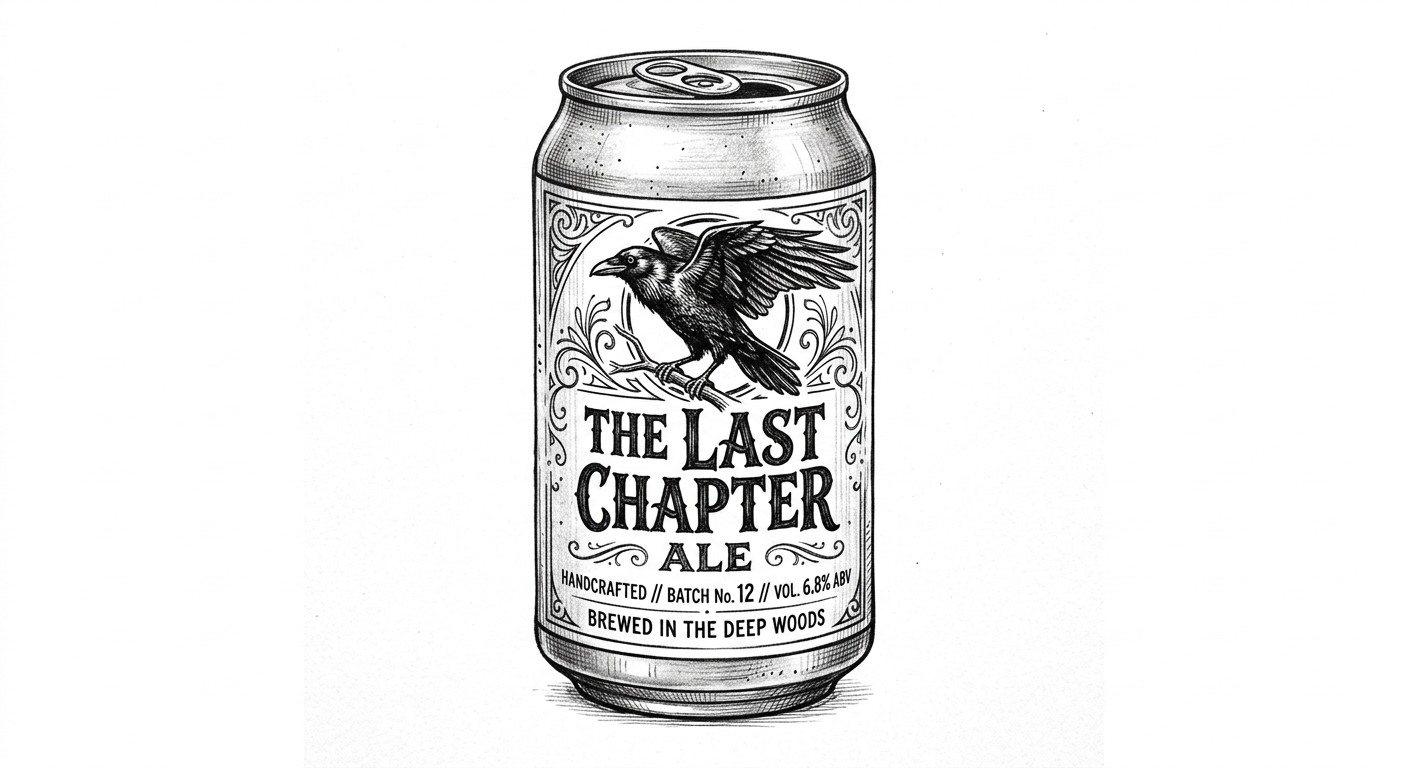 Black and white sketch of a beer can labeled "The Last Chapter Ale" with a detailed illustration of a bird on the front.