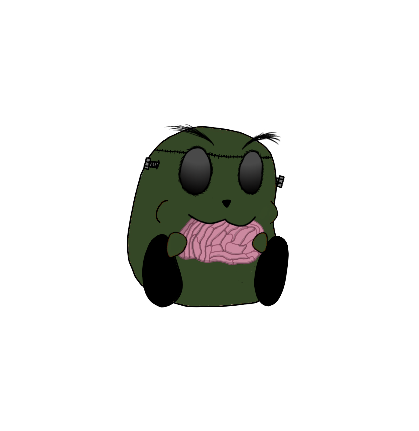 A cute green cartoon creature with large black eyes, holding a pink brain, with stitches and screws on its head.
